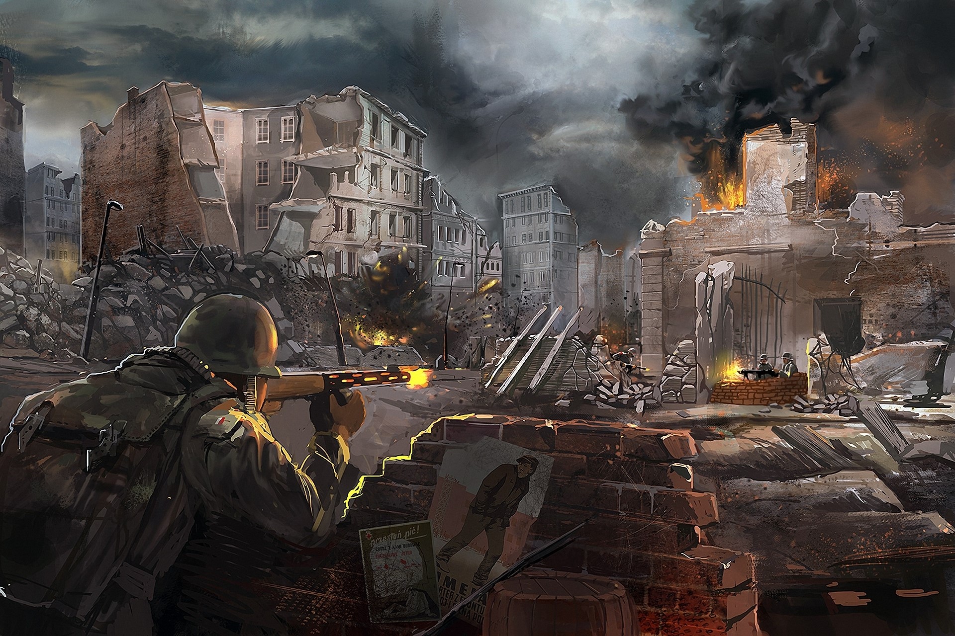 Soldiers in a bombed-out city during wartime HD Wallpaper