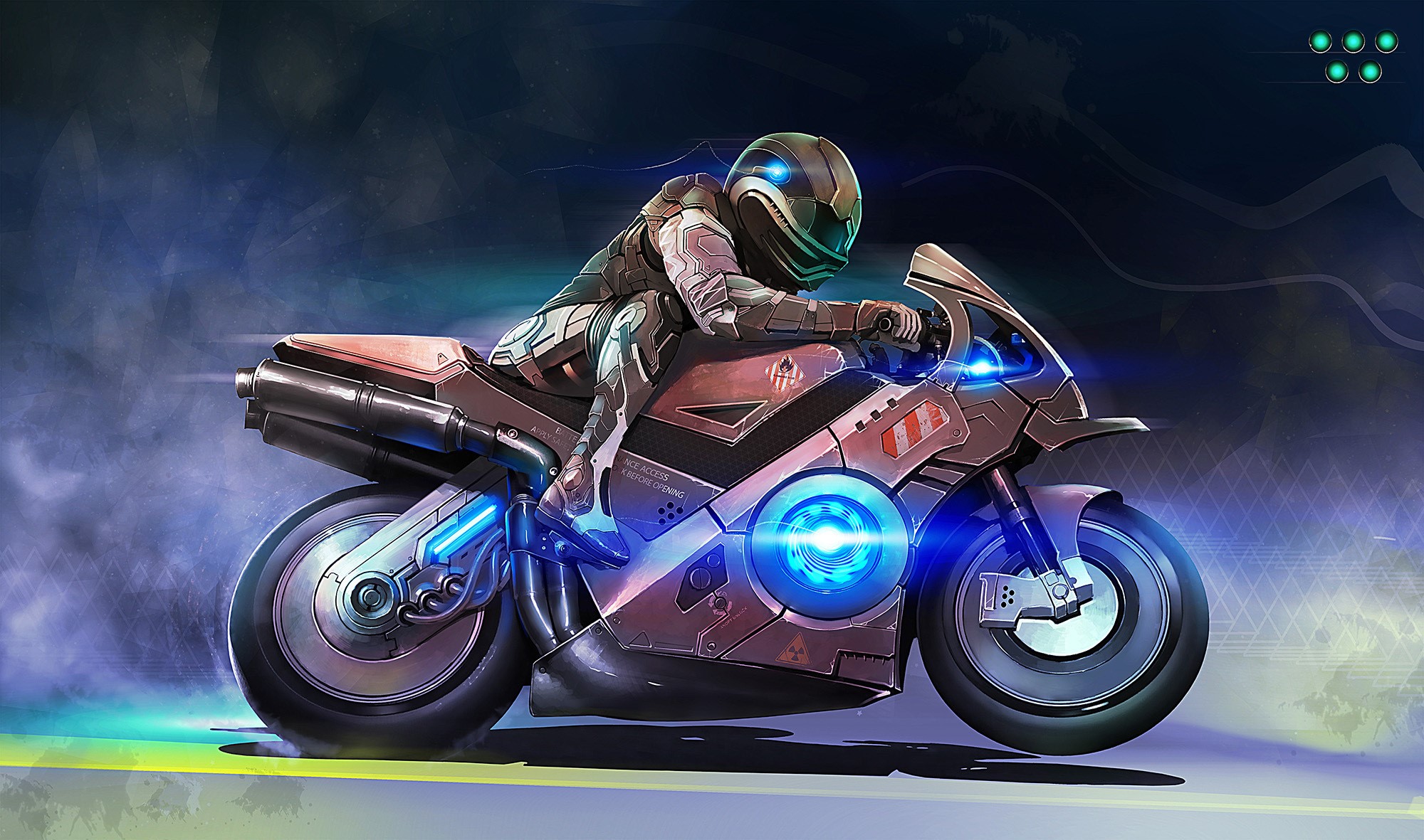 Futuristic motorcycle rider in sci-fi armor HD Wallpaper