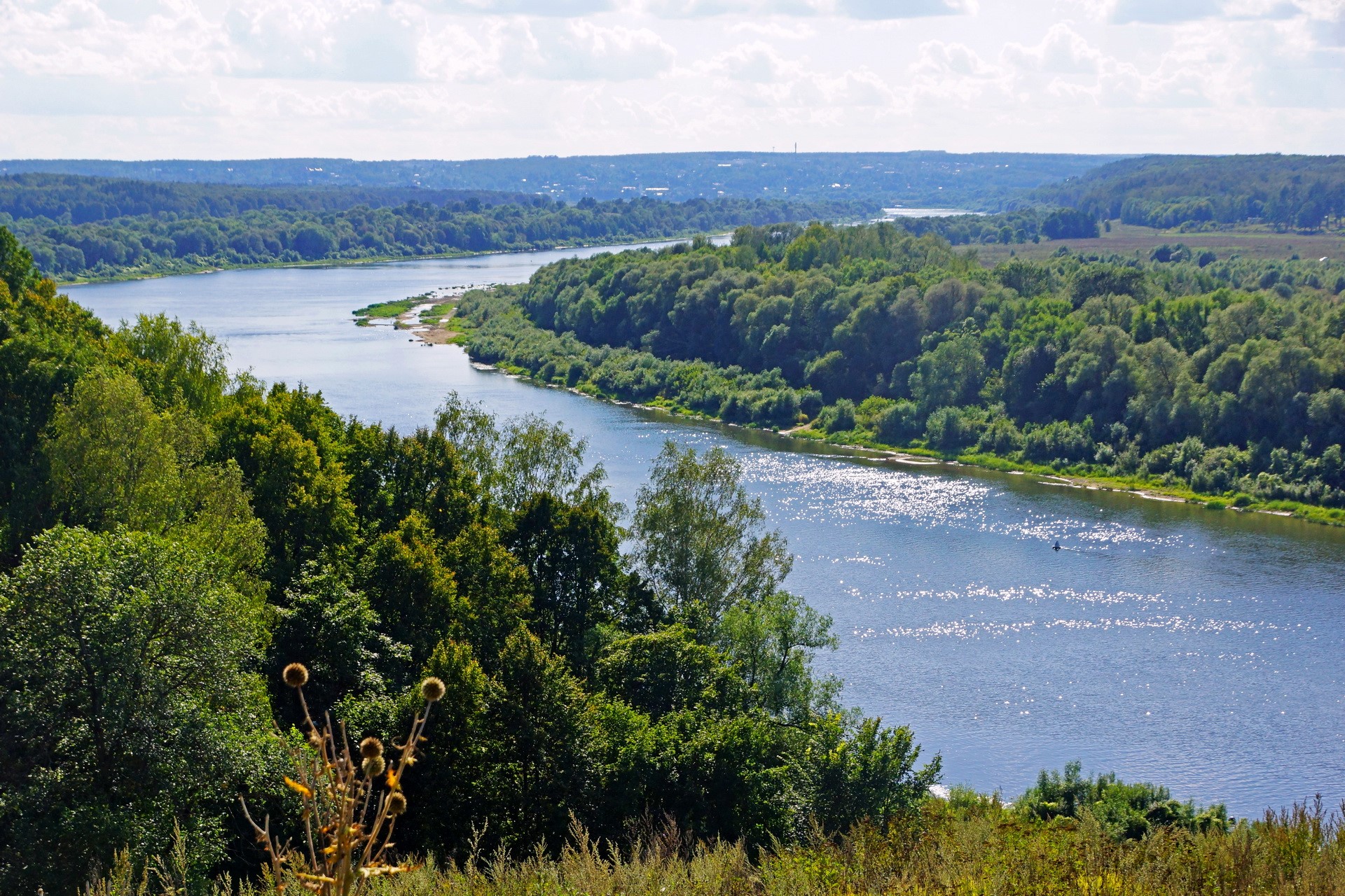Wide river flowing through a forested landscape under a cloudy sky HD Wallpaper