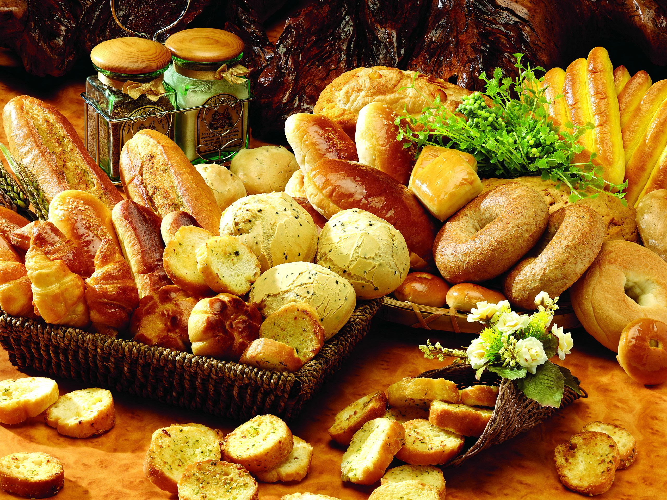 Assortment of baked goods and bread HD Wallpaper