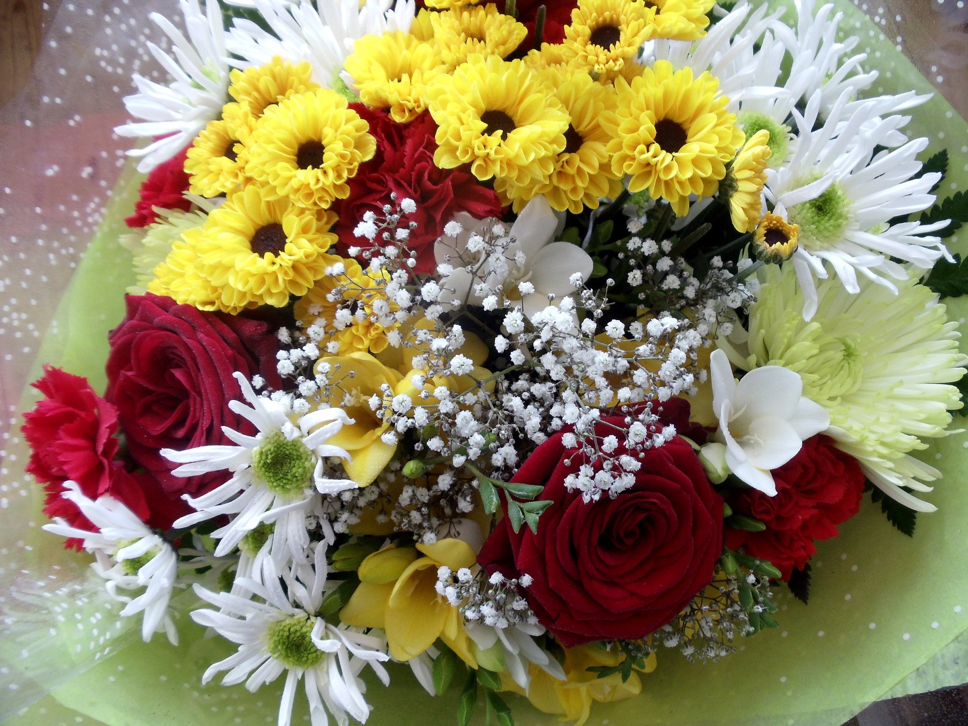 Bouquet of red roses, yellow chrysanthemums, and white daisies HD Wallpaper