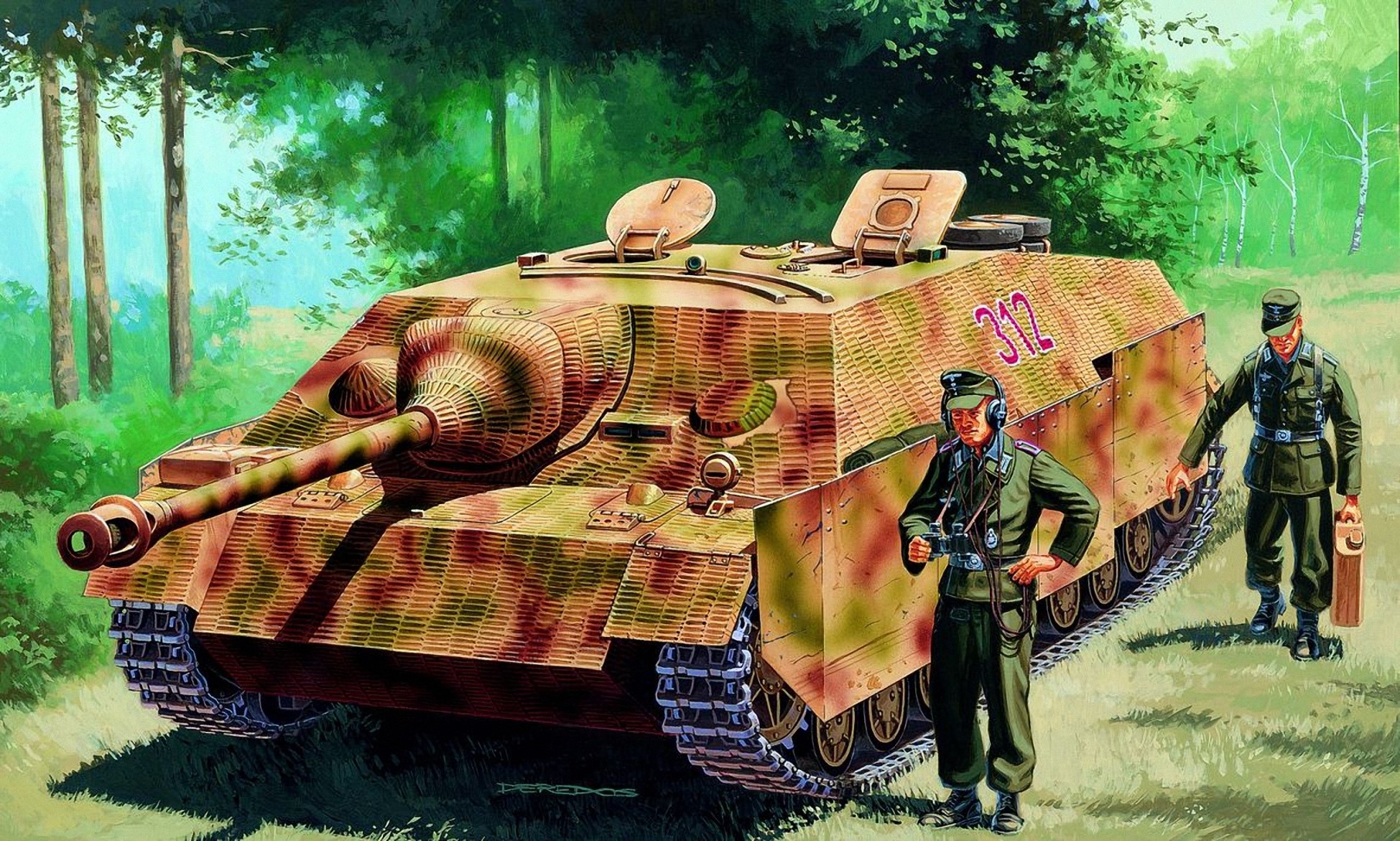 Jagdpanzer IV tank with two soldiers in a forest HD Wallpaper