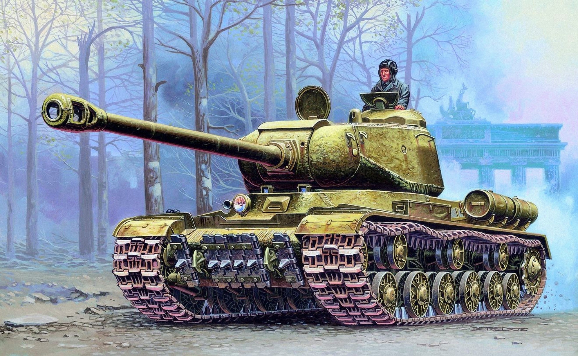 Painting of a tank with a soldier in a forest HD Wallpaper