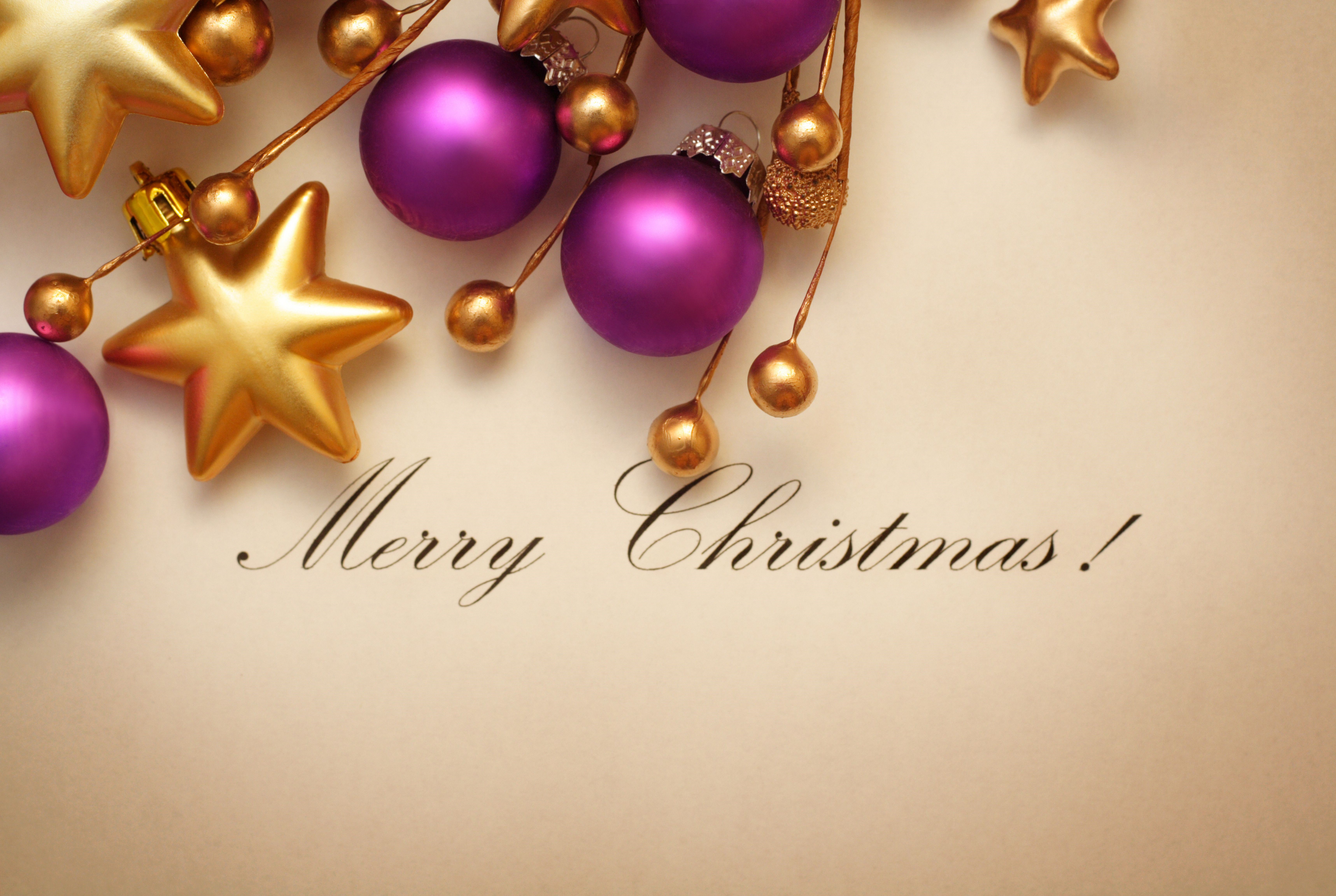 Christmas ornaments and stars with text HD Wallpaper