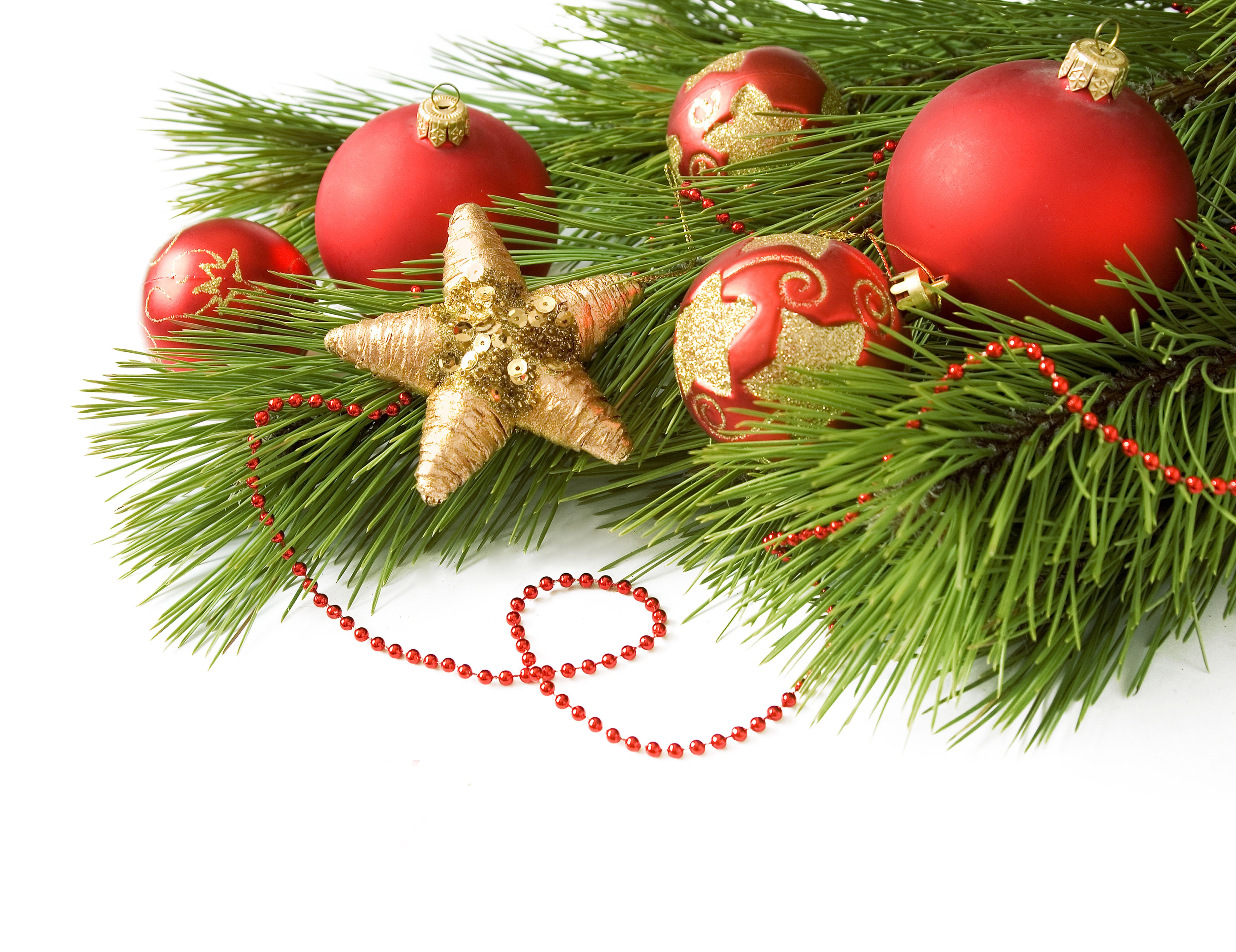 Christmas tree branches with ornaments and star HD Wallpaper