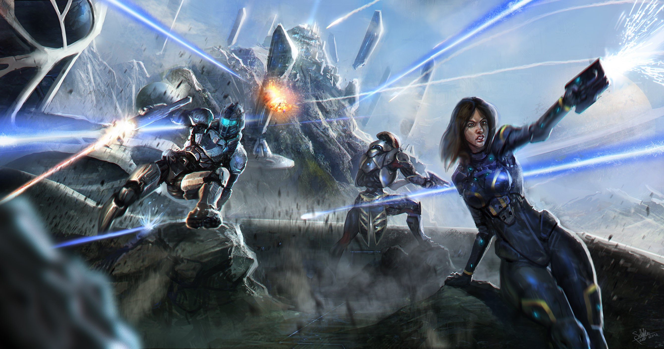 Mass Effect characters in a battle HD Wallpaper