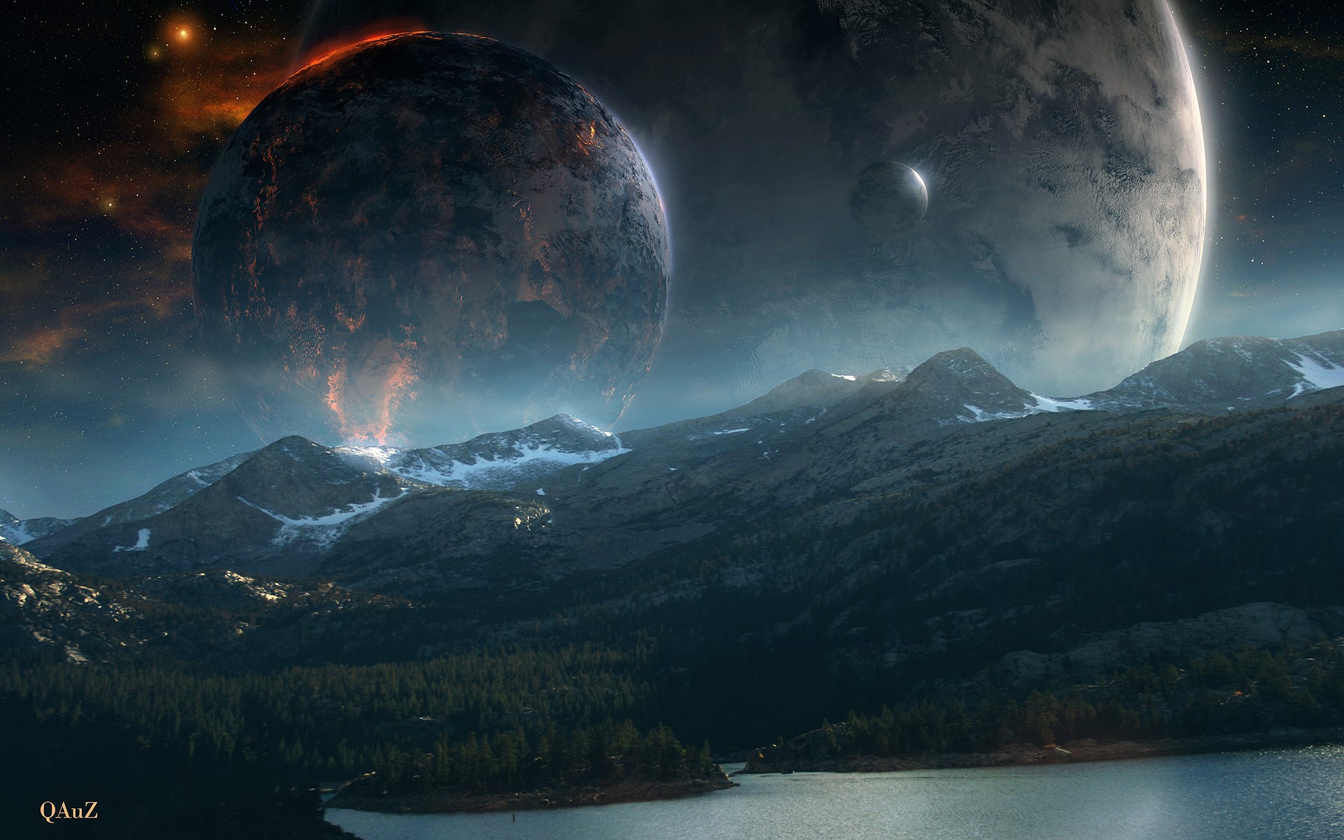 Planets over a mountainous landscape with a lake HD Wallpaper