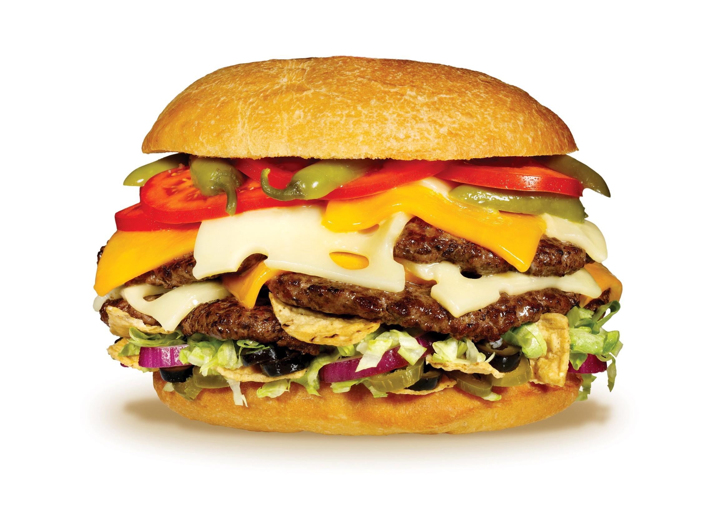 Double cheeseburger with toppings and chips HD Wallpaper
