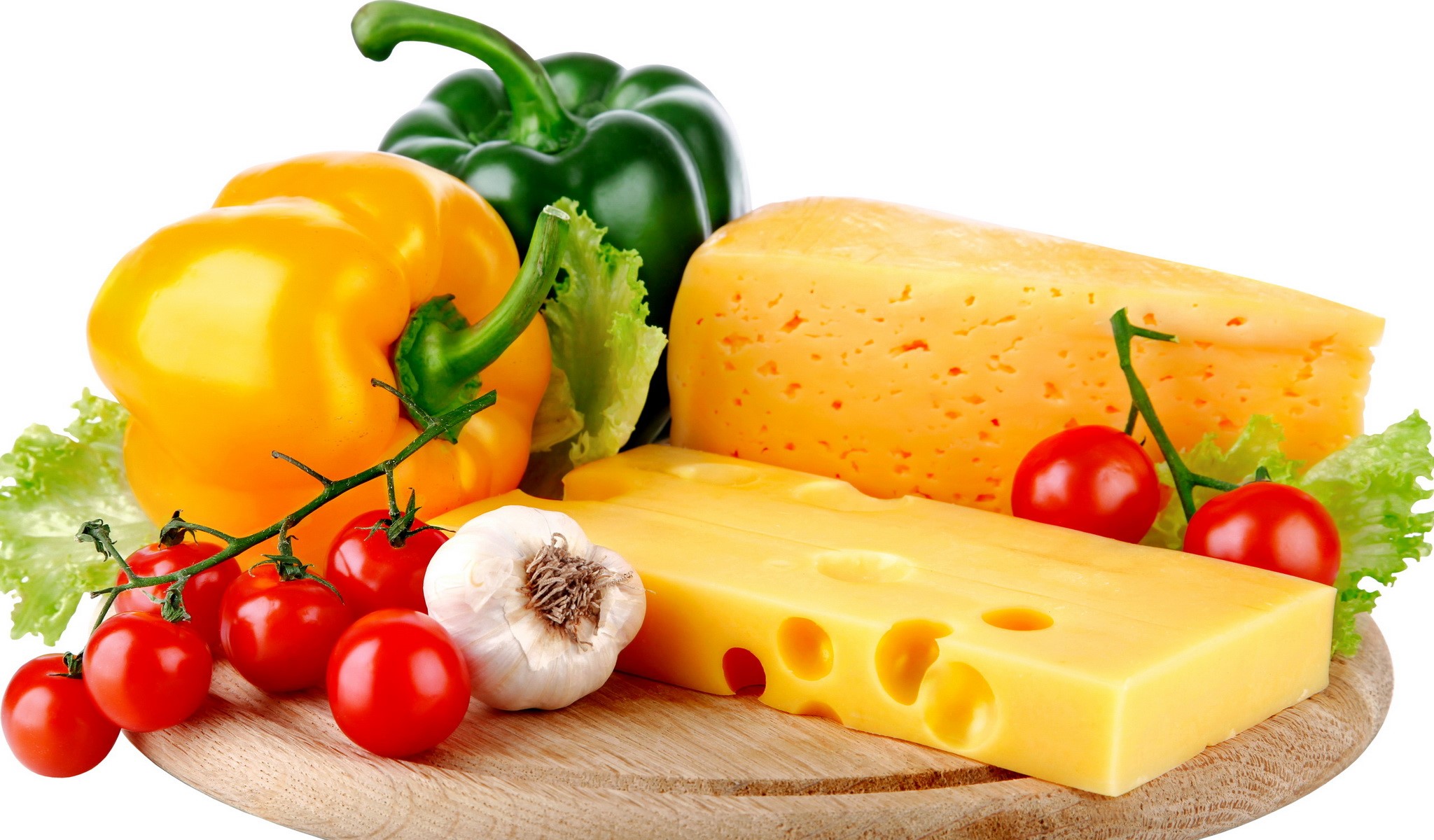 Cheese with vegetables and garlic on a wooden board HD Wallpaper