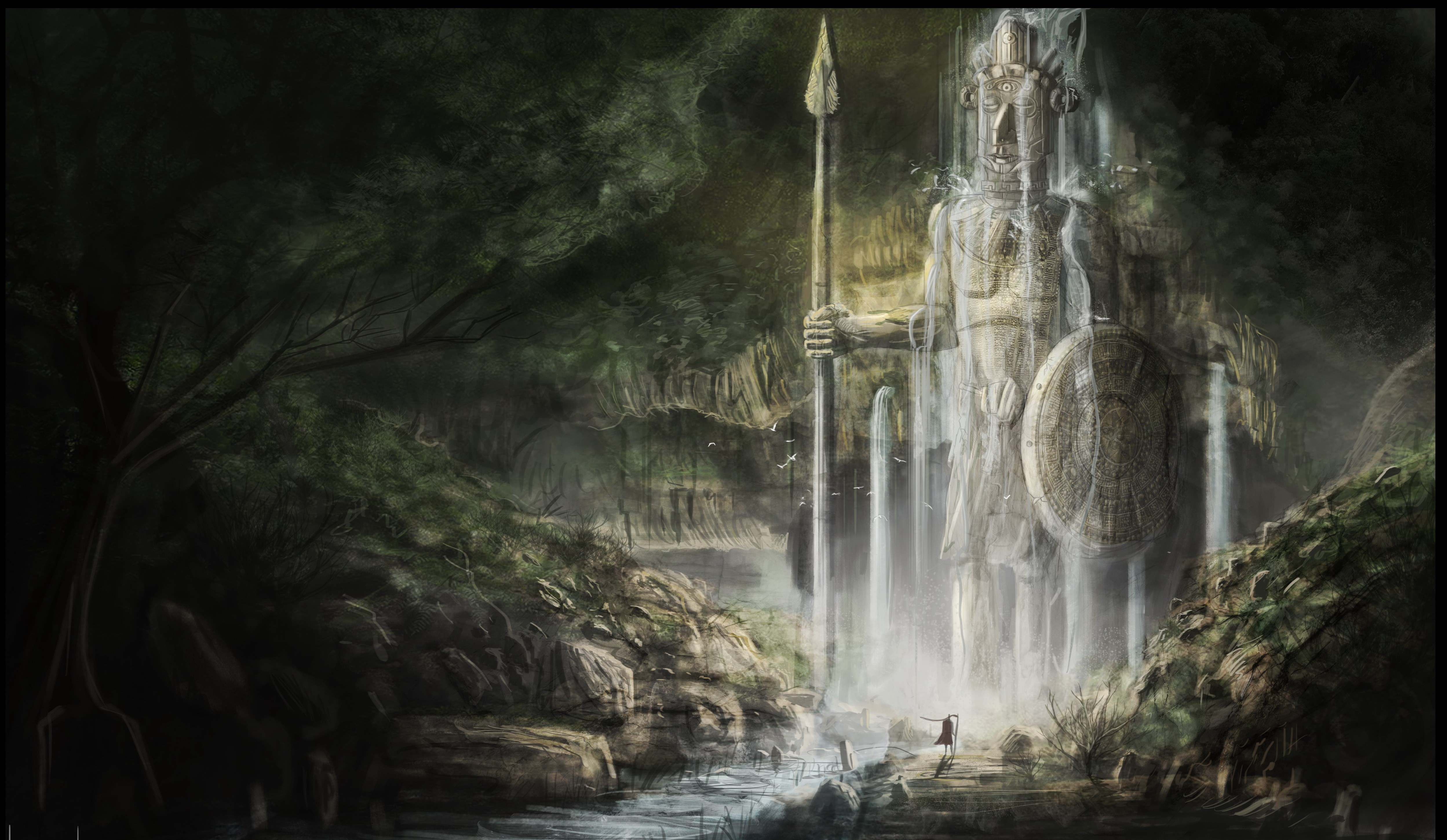 Giant Waterfall Statue in a Forest HD Wallpaper