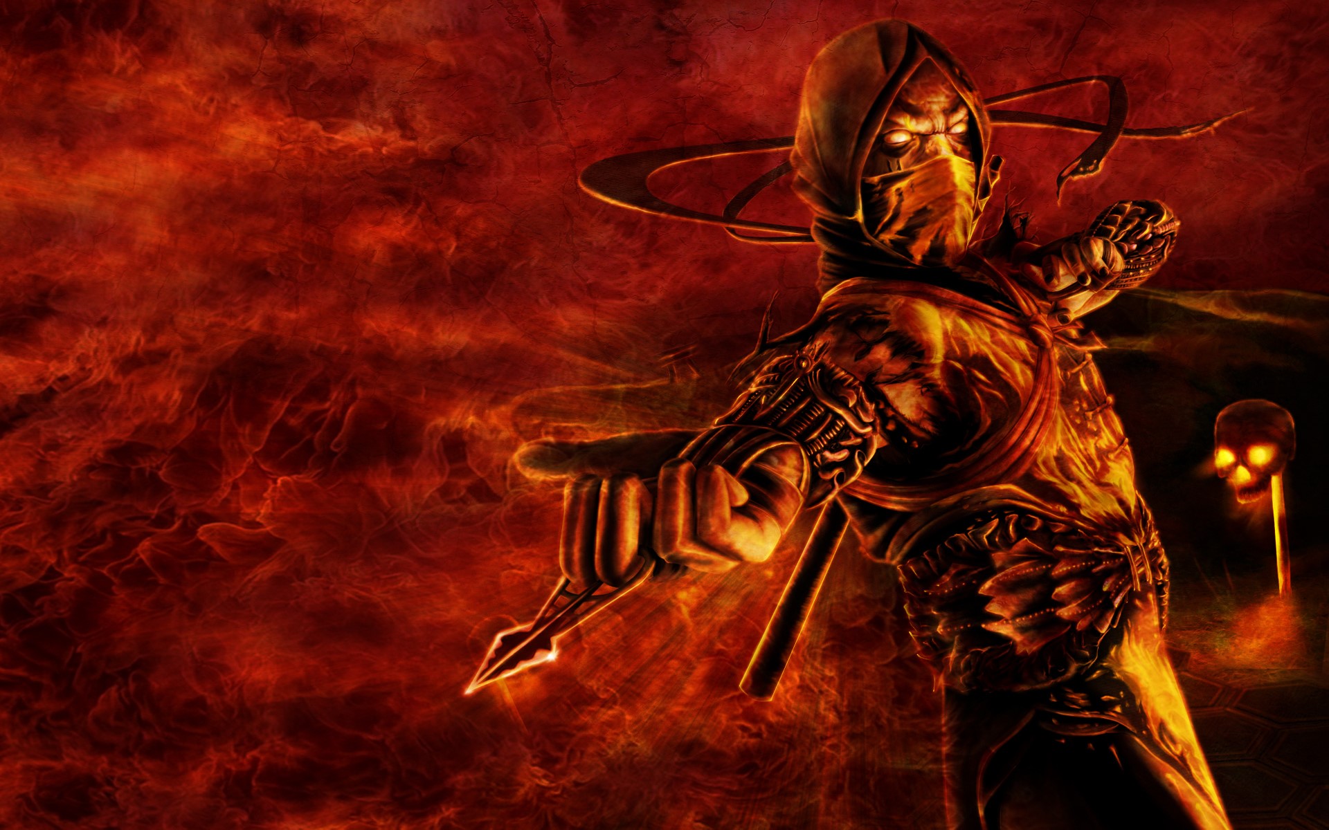 Scorpion from Mortal Kombat in a fiery landscape HD Wallpaper
