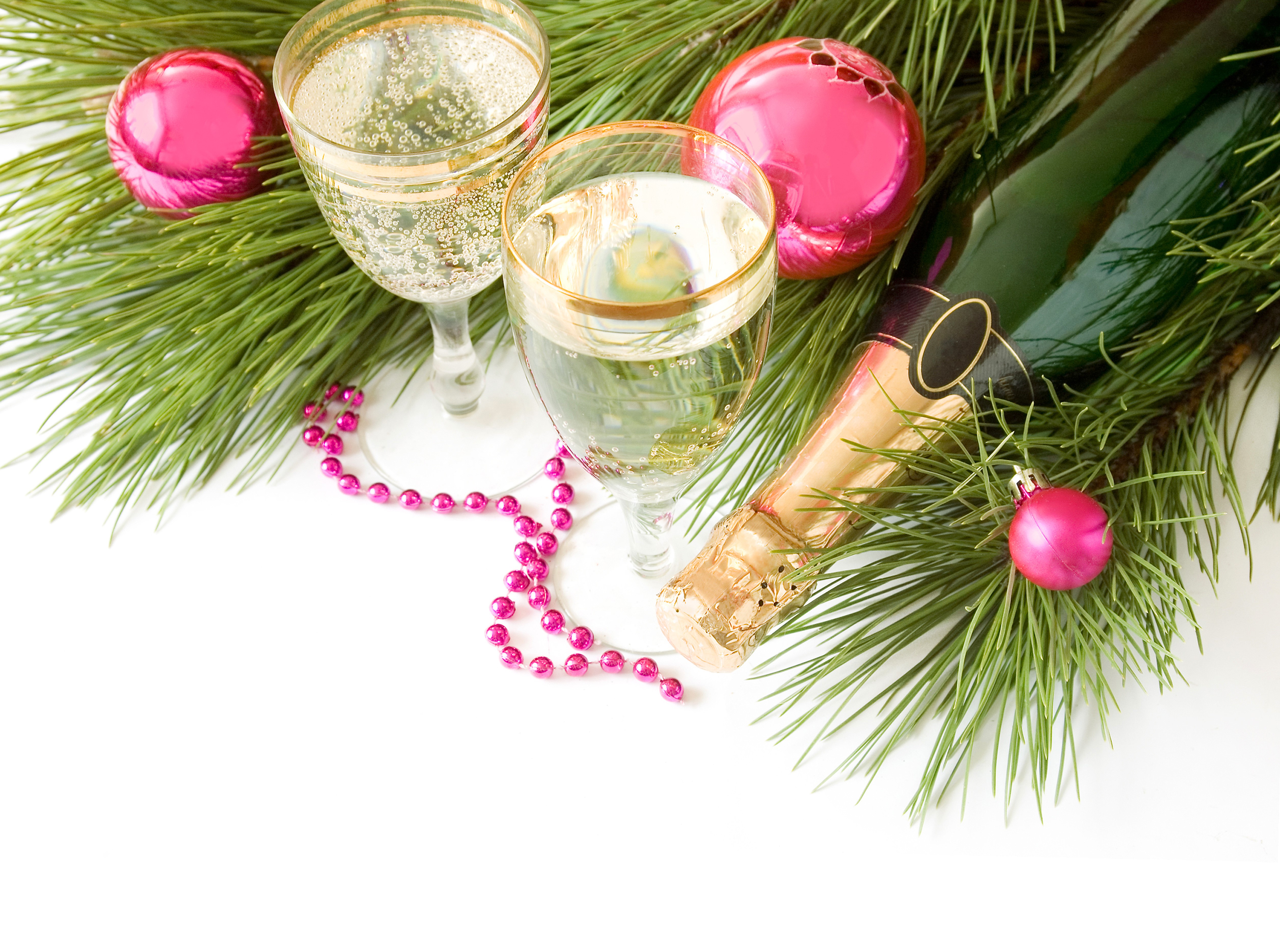 Champagne glasses and bottle with Christmas decorations HD Wallpaper