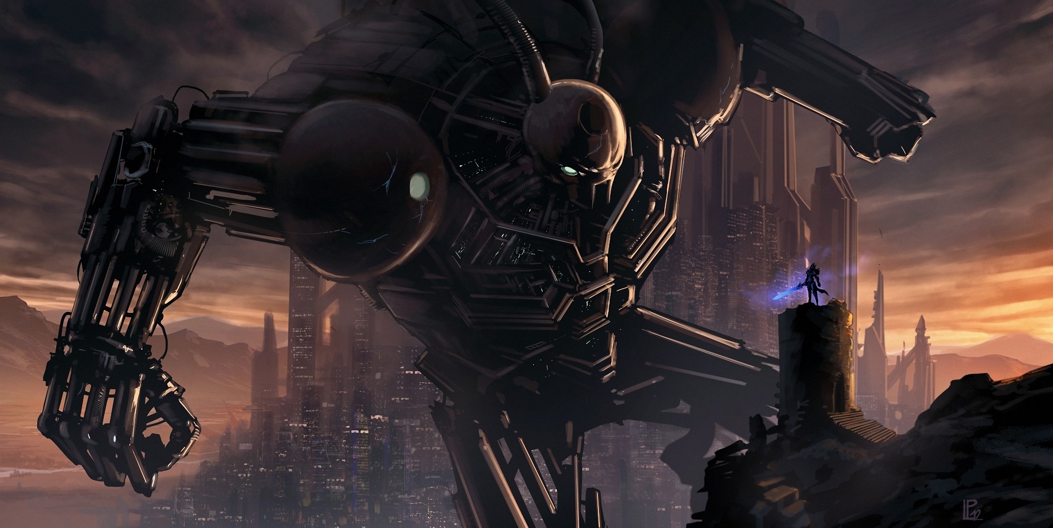 Giant robot and a warrior in a futuristic city HD Wallpaper