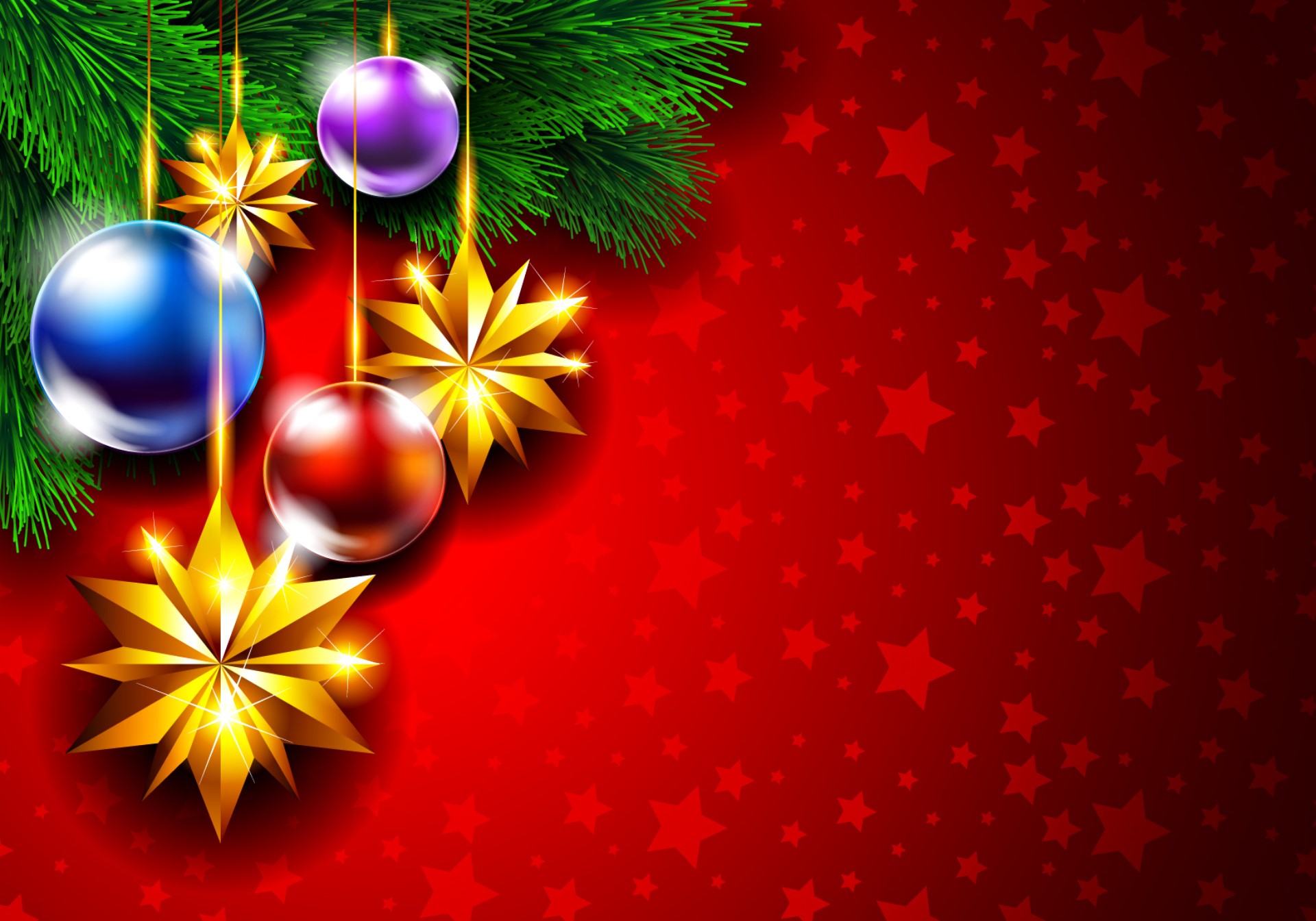 Christmas Ornaments and Pine Branches on Red Background HD Wallpaper