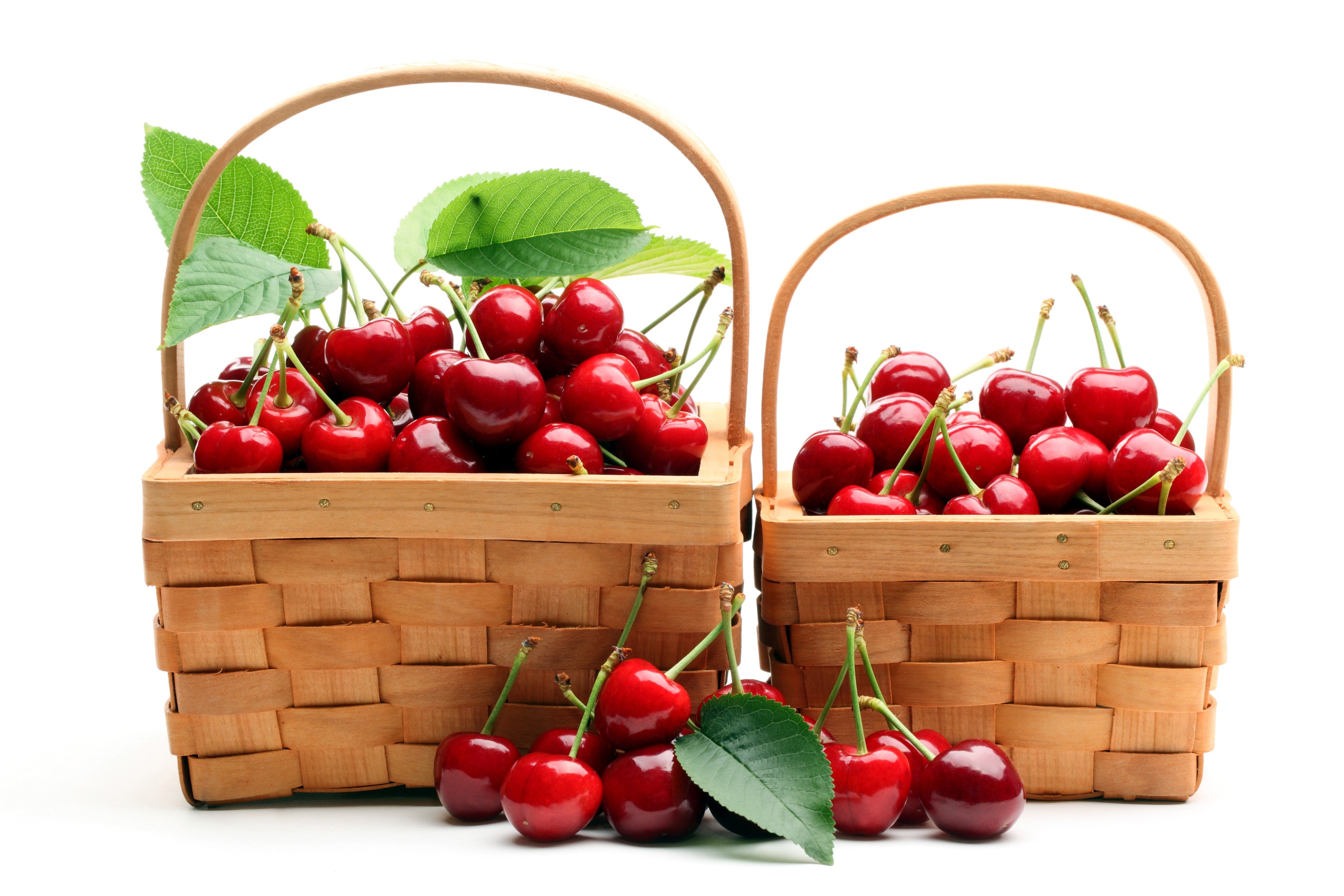 Two baskets of fresh cherries with leaves HD Wallpaper