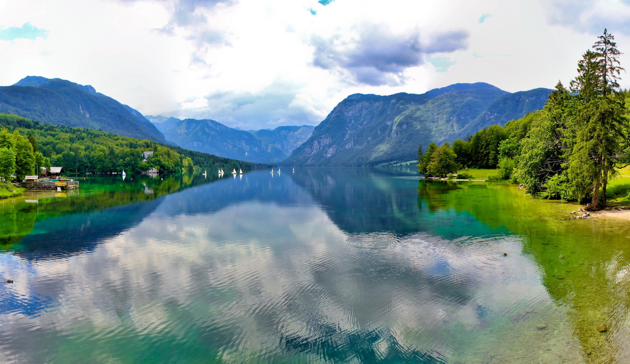 Lake Bohinj with Mountains and Sailboats in Slovenia HD Wallpaper