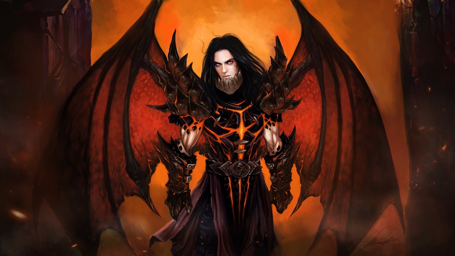 Demon with large red wings and fiery armor HD Wallpaper