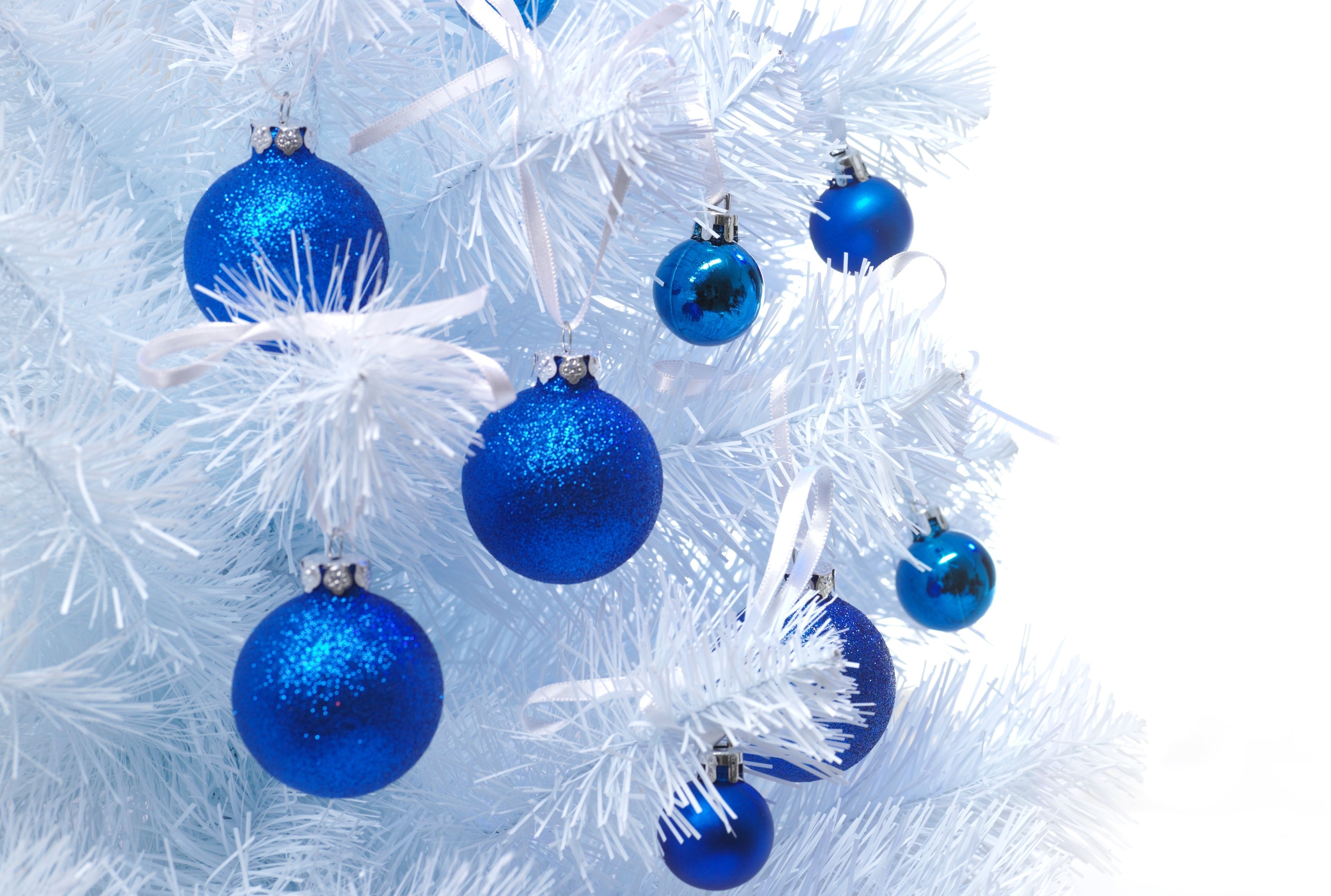 White Christmas Tree with Blue Ornaments HD Wallpaper