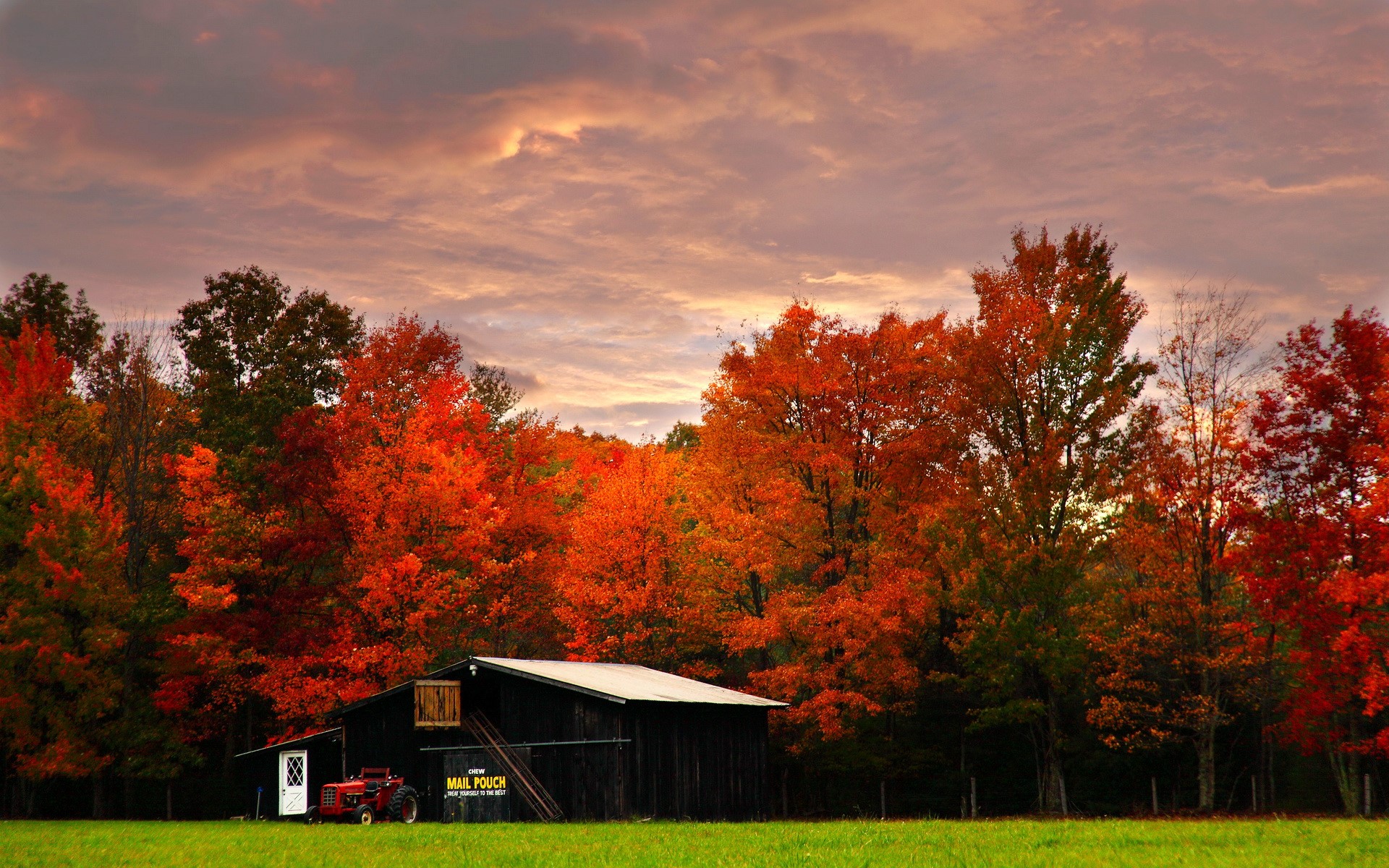 Barn and tractor in autumn foliage HD Wallpaper