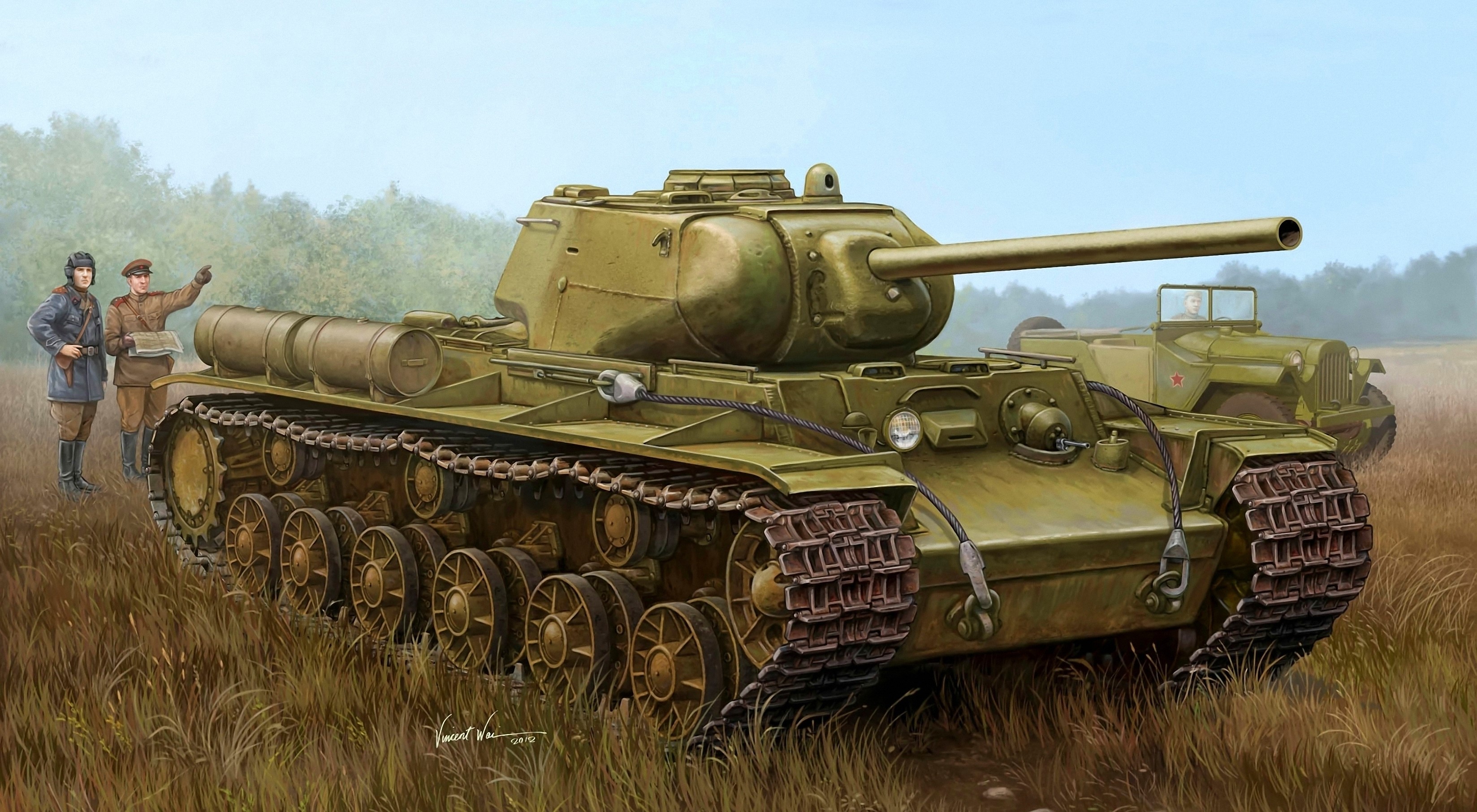 Soviet KV-2 heavy tank and two soldiers HD Wallpaper