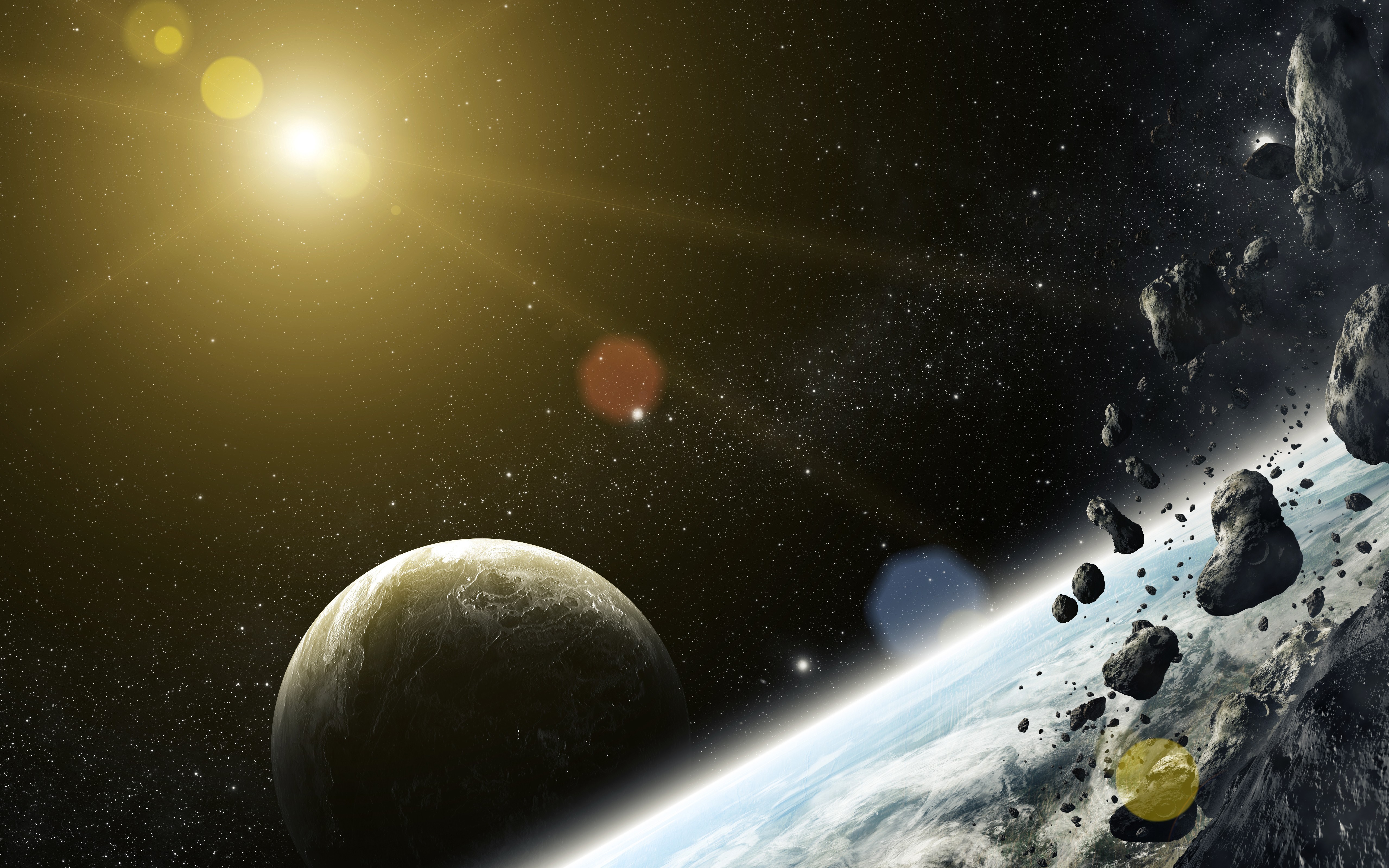 Asteroid field near a planet and sun HD Wallpaper