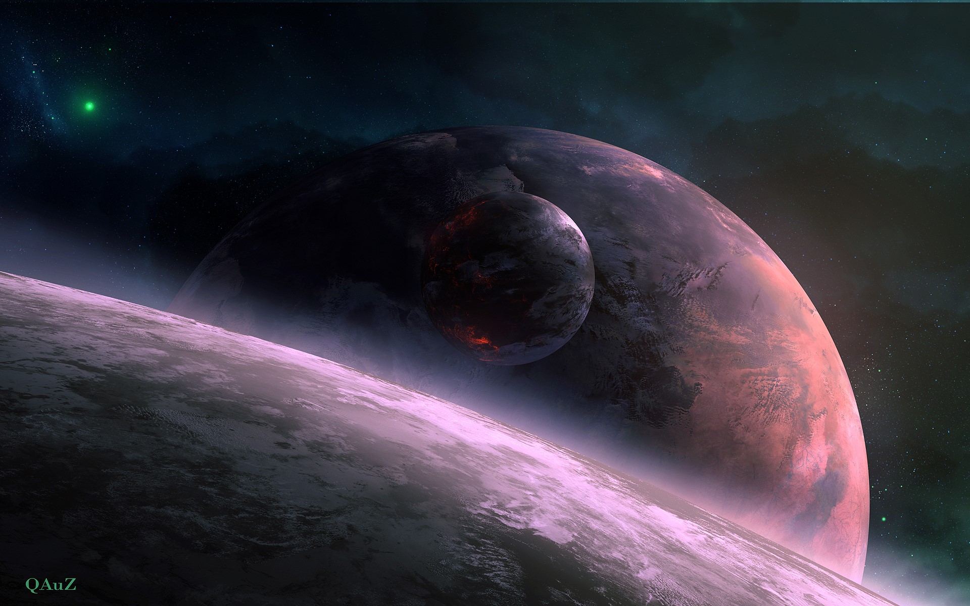 Planets in deep space with a green star HD Wallpaper