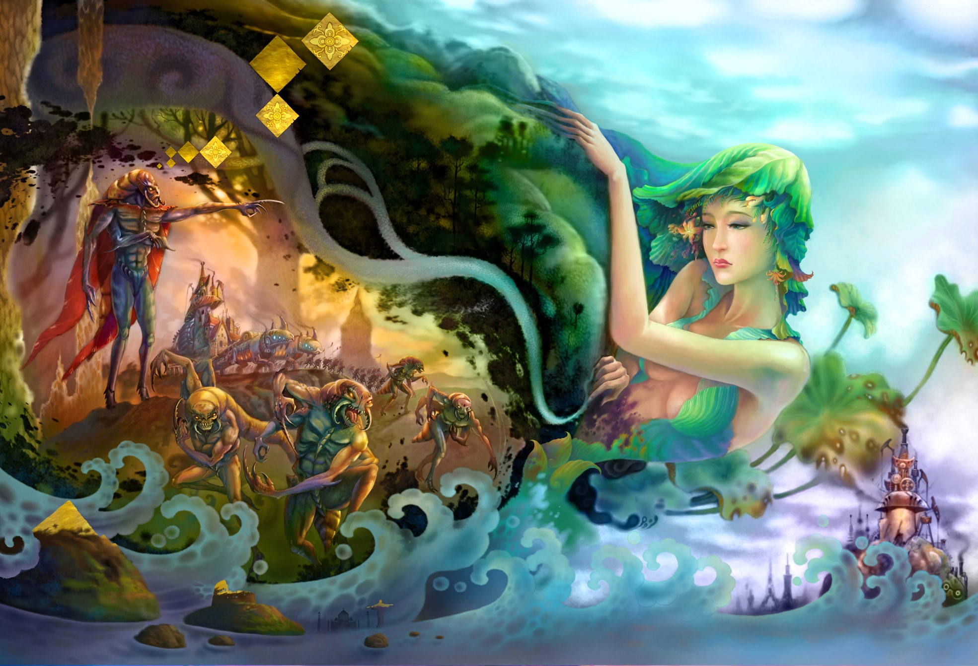 Fantasy creatures and a nature spirit in a surreal landscape HD Wallpaper