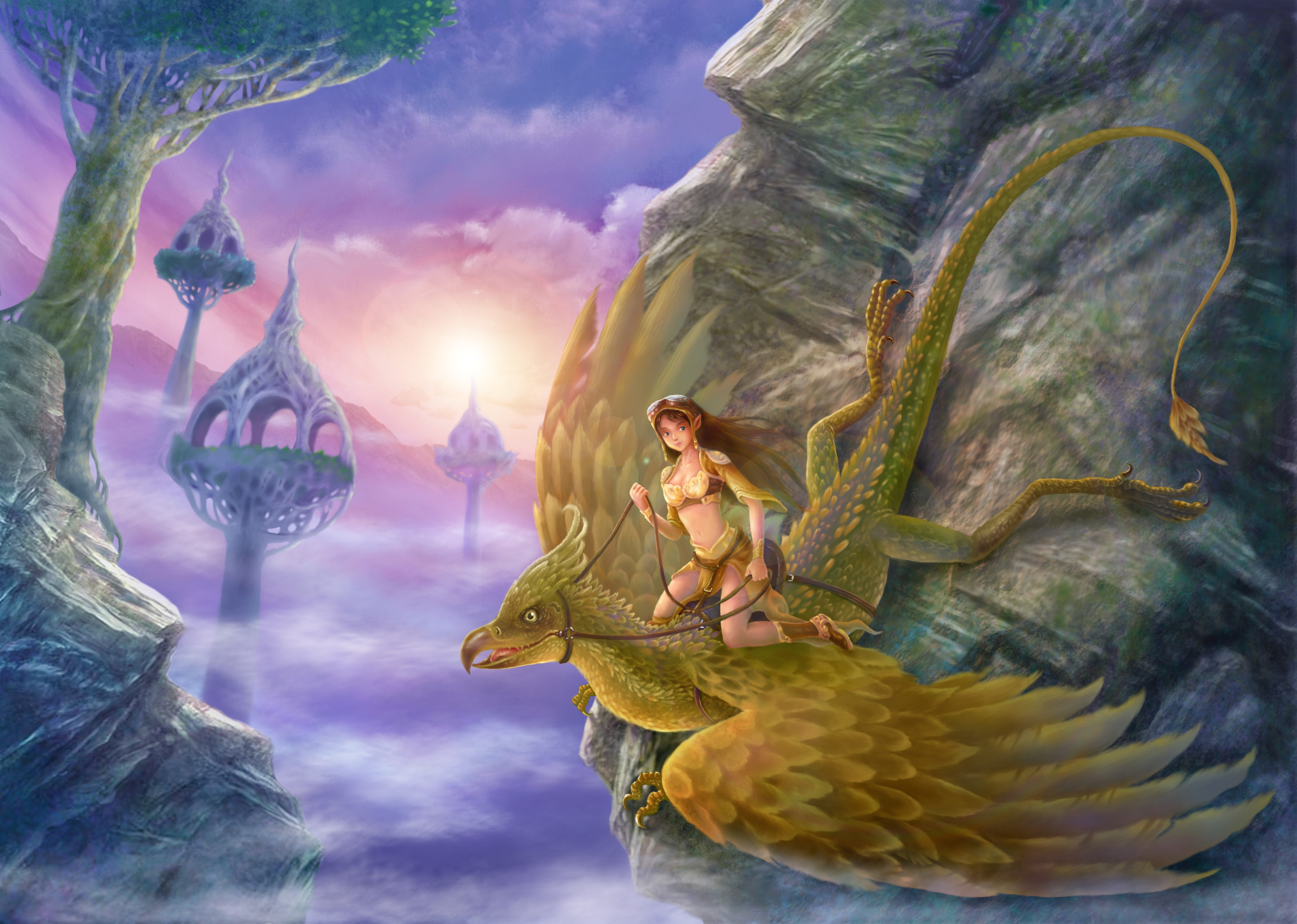 Elf riding a dragon over a fantasy landscape HD Wallpaper