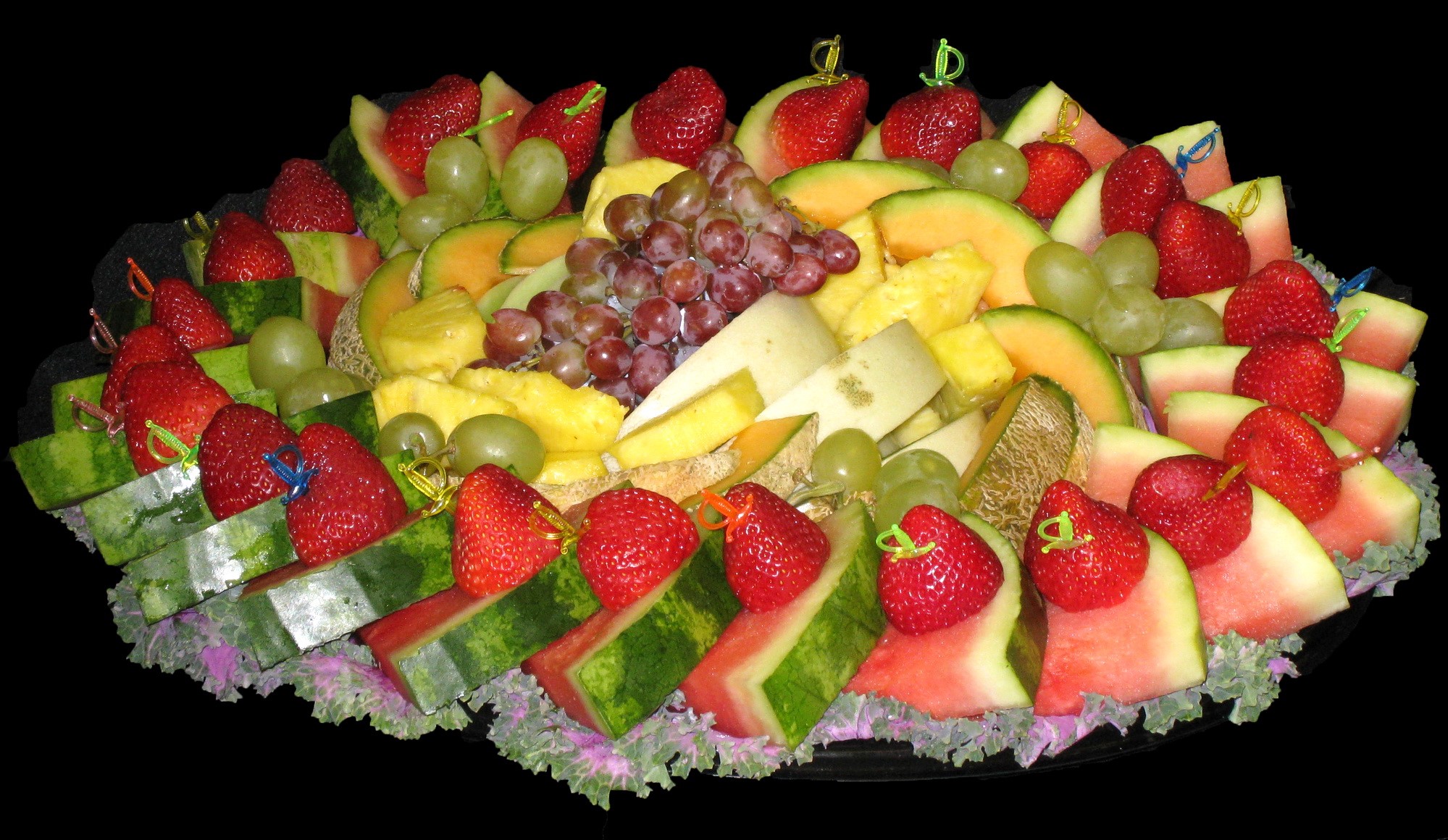 Fruit platter with strawberries, grapes, melon, pineapple, and cheese HD Wallpaper