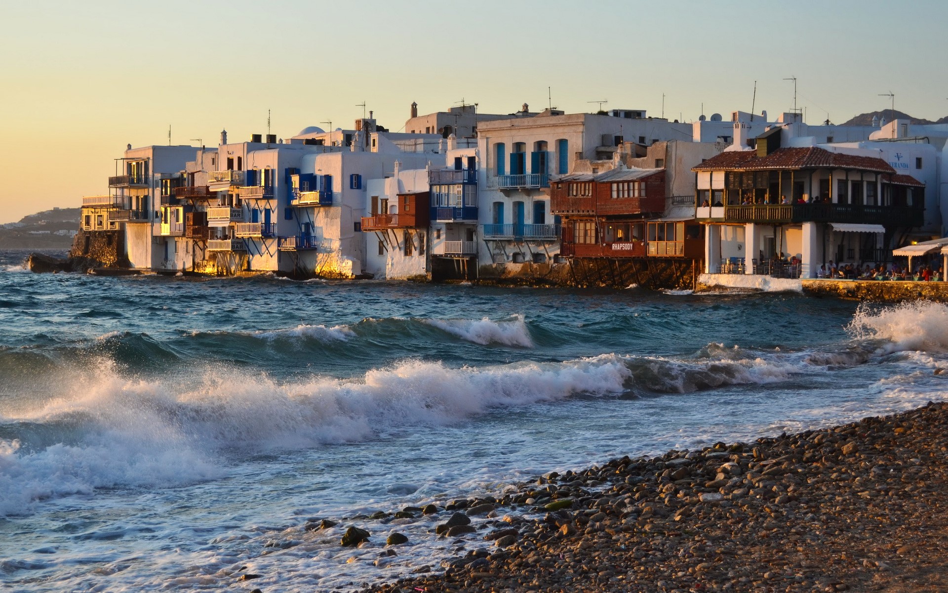 Little Venice buildings on the coast of Mykonos, Greece HD Wallpaper
