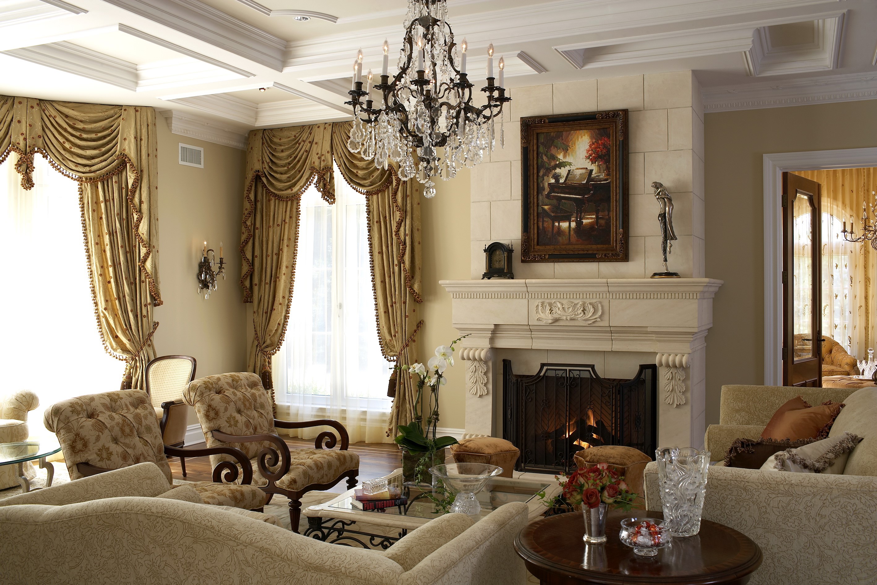 Elegant living room with fireplace and chandelier HD Wallpaper