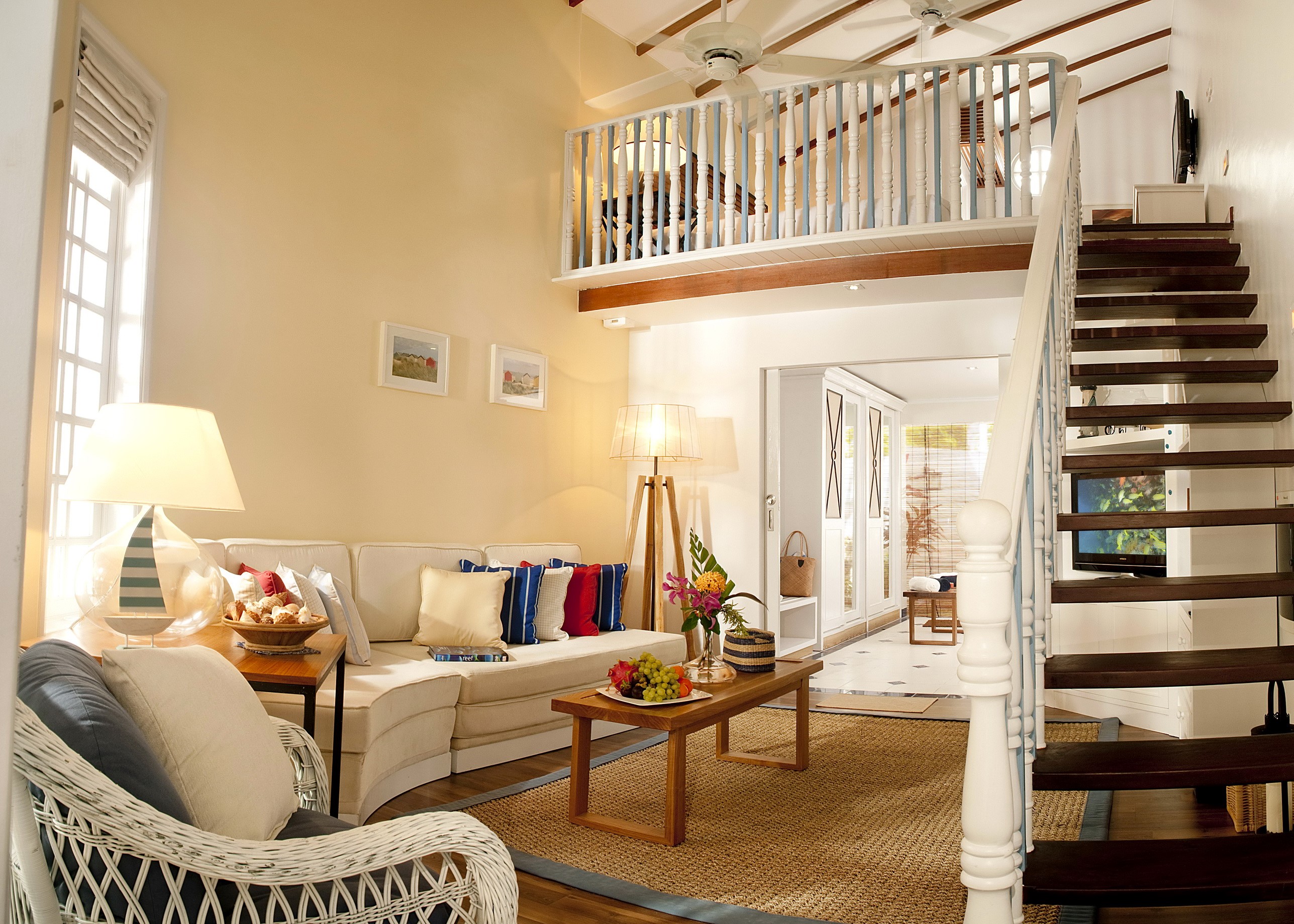 Living room with loft and stairs HD Wallpaper