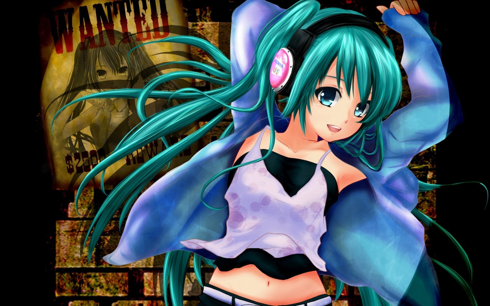 Hatsune Miku from Vocaloid wearing headphones HD Wallpaper