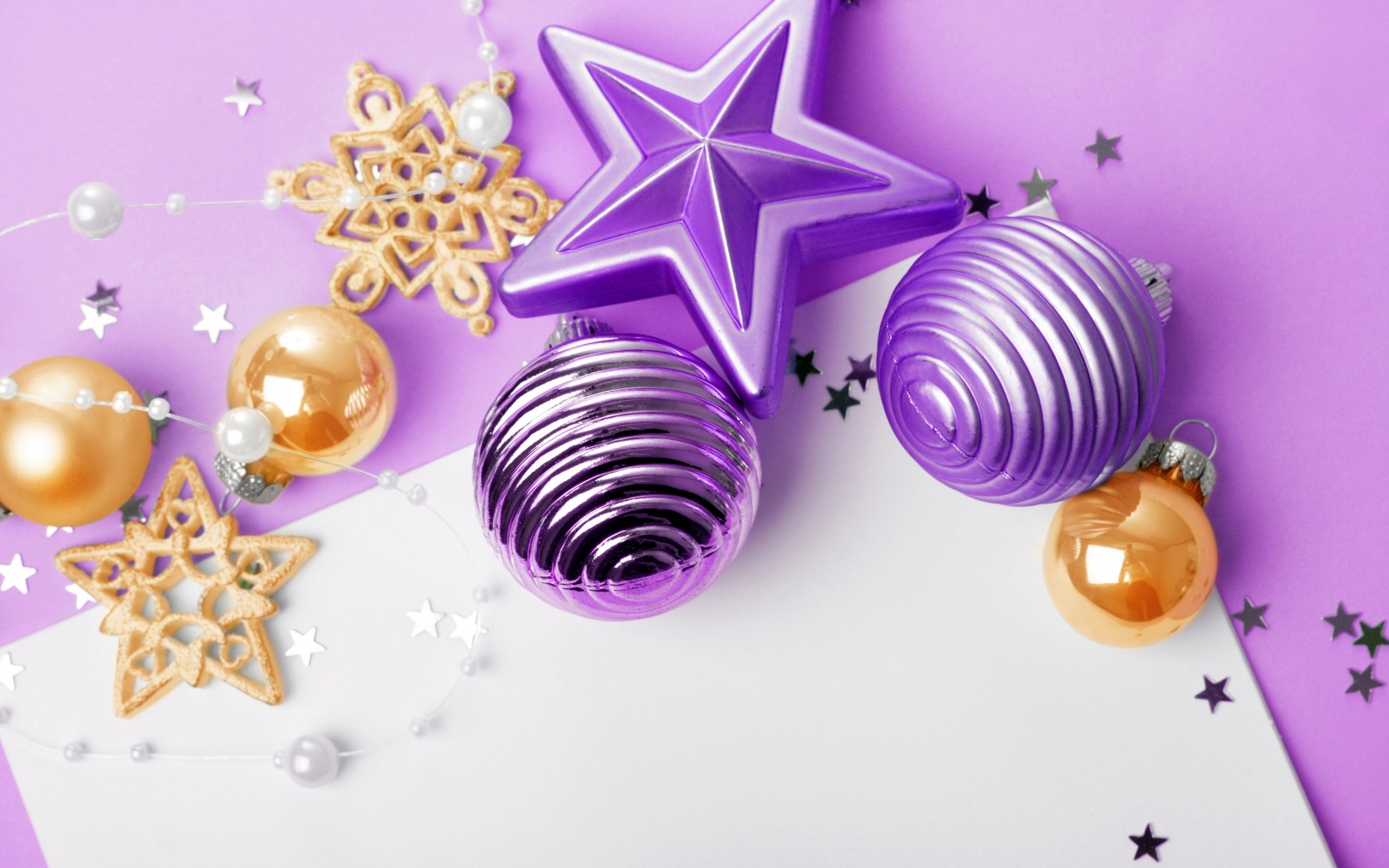 Christmas ornaments and decorations on a purple background HD Wallpaper