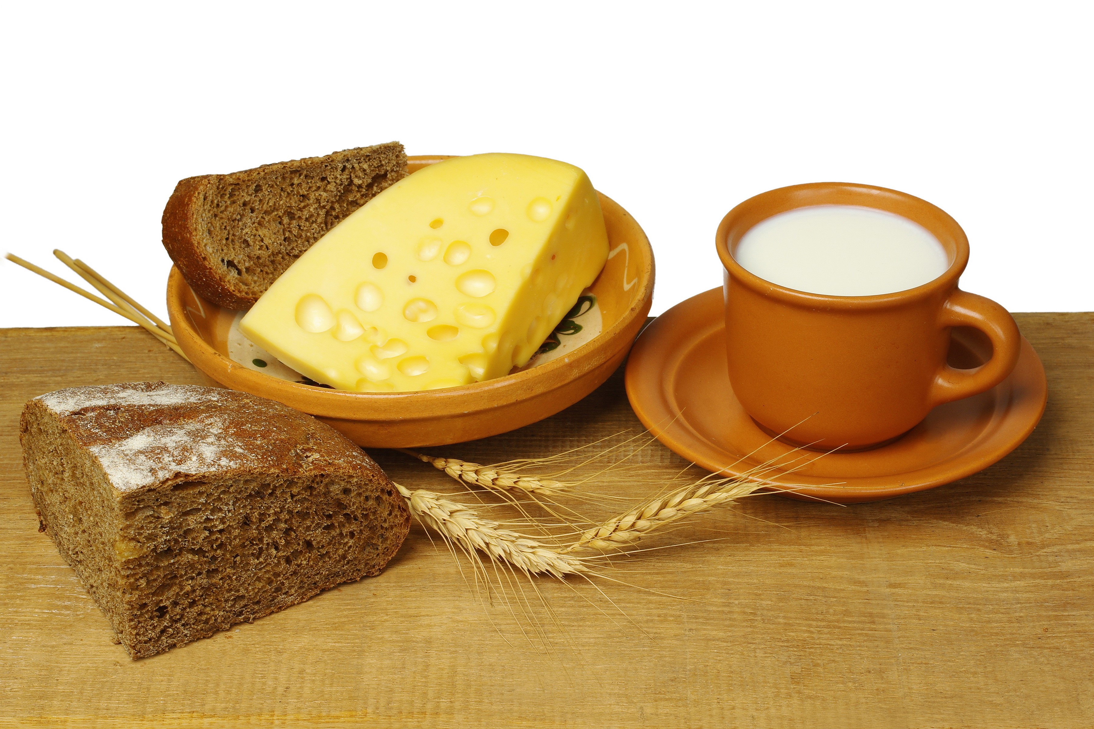 Cheese, Bread, and Milk on a Wooden Table HD Wallpaper