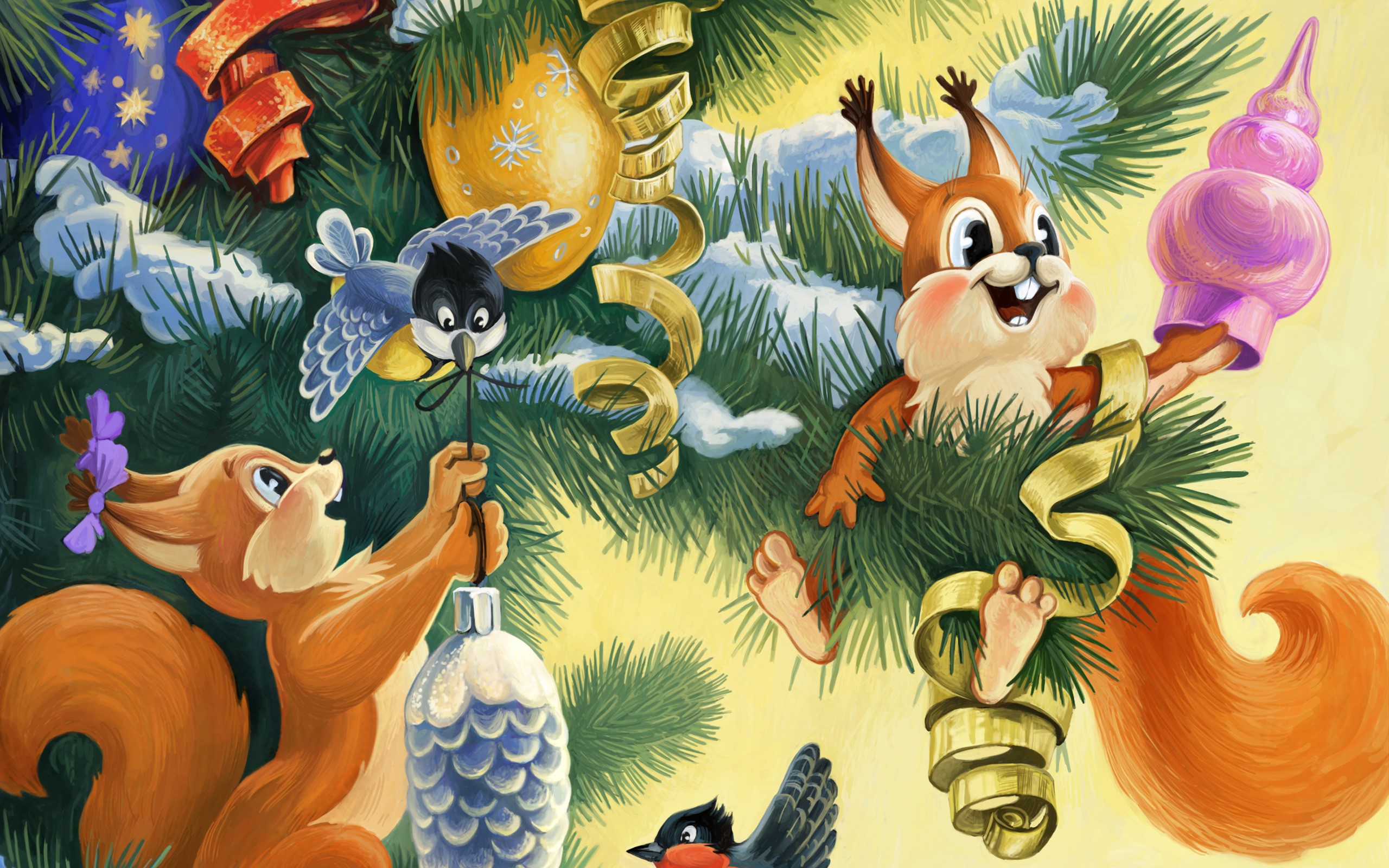 Squirrels decorating a Christmas tree with ornaments HD Wallpaper