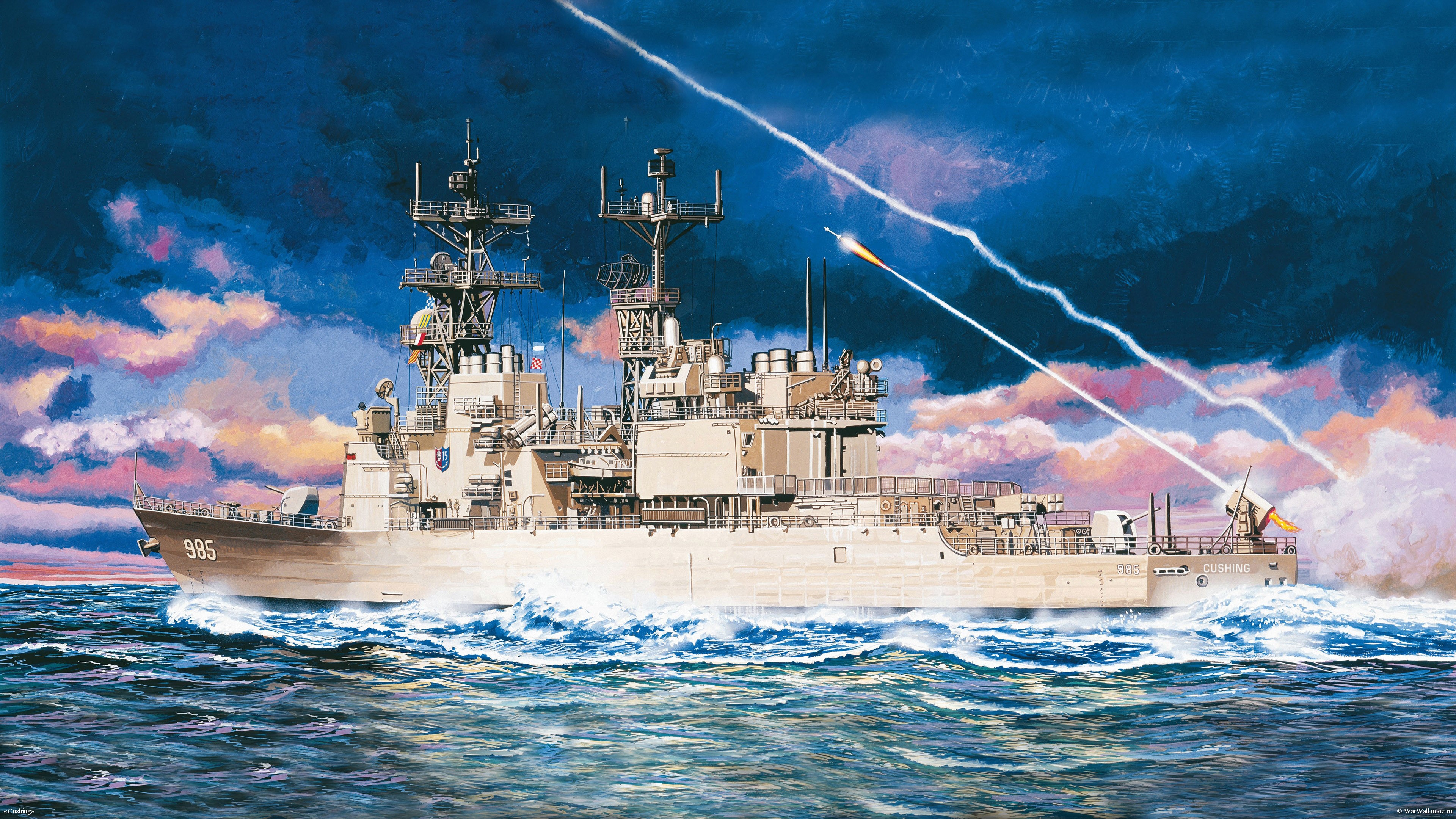4K Painting of USS Cushing firing missiles HD Wallpaper