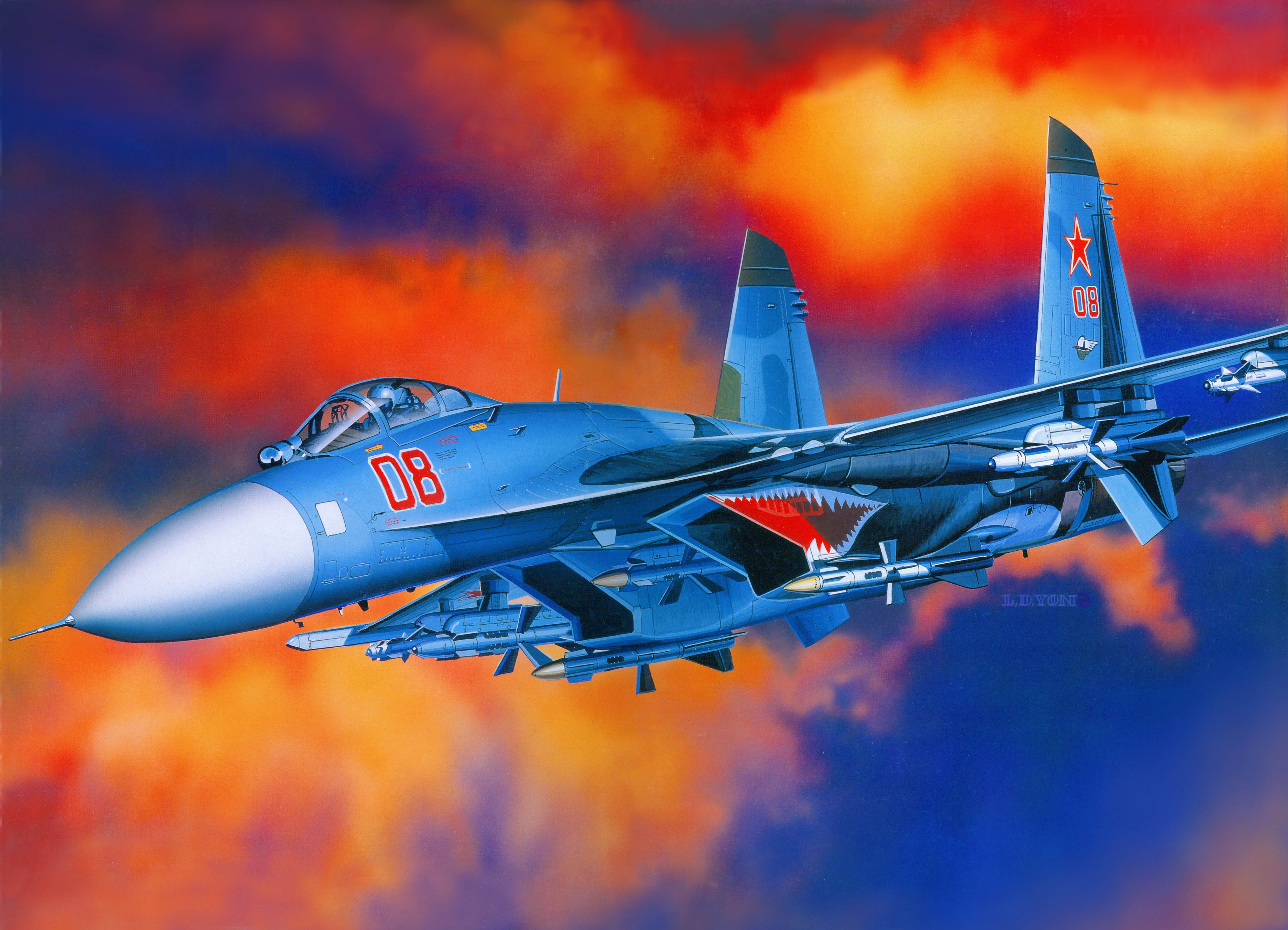 Sukhoi Su-27 fighter jet with shark mouth art HD Wallpaper