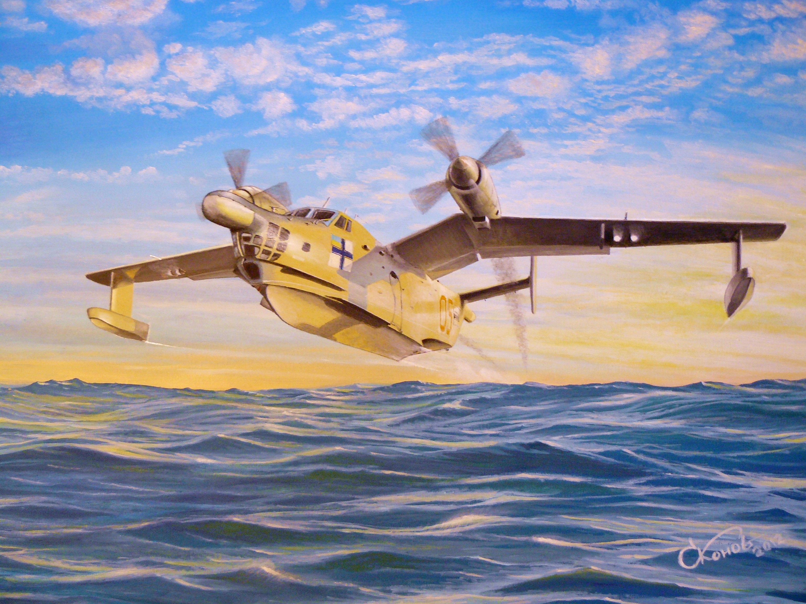 Painting of a seaplane flying over the ocean HD Wallpaper
