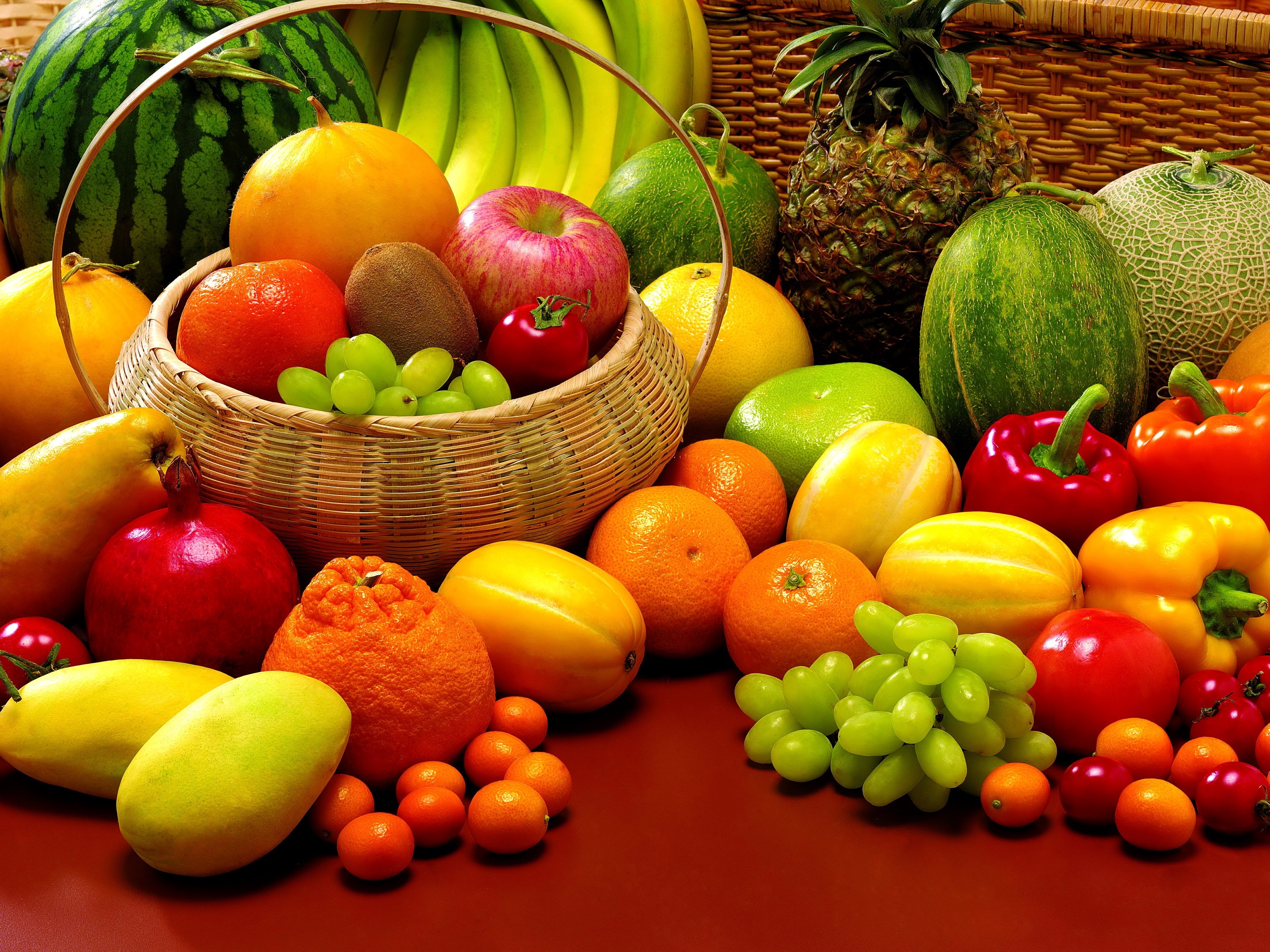 A bountiful assortment of fresh fruits and vegetables HD Wallpaper
