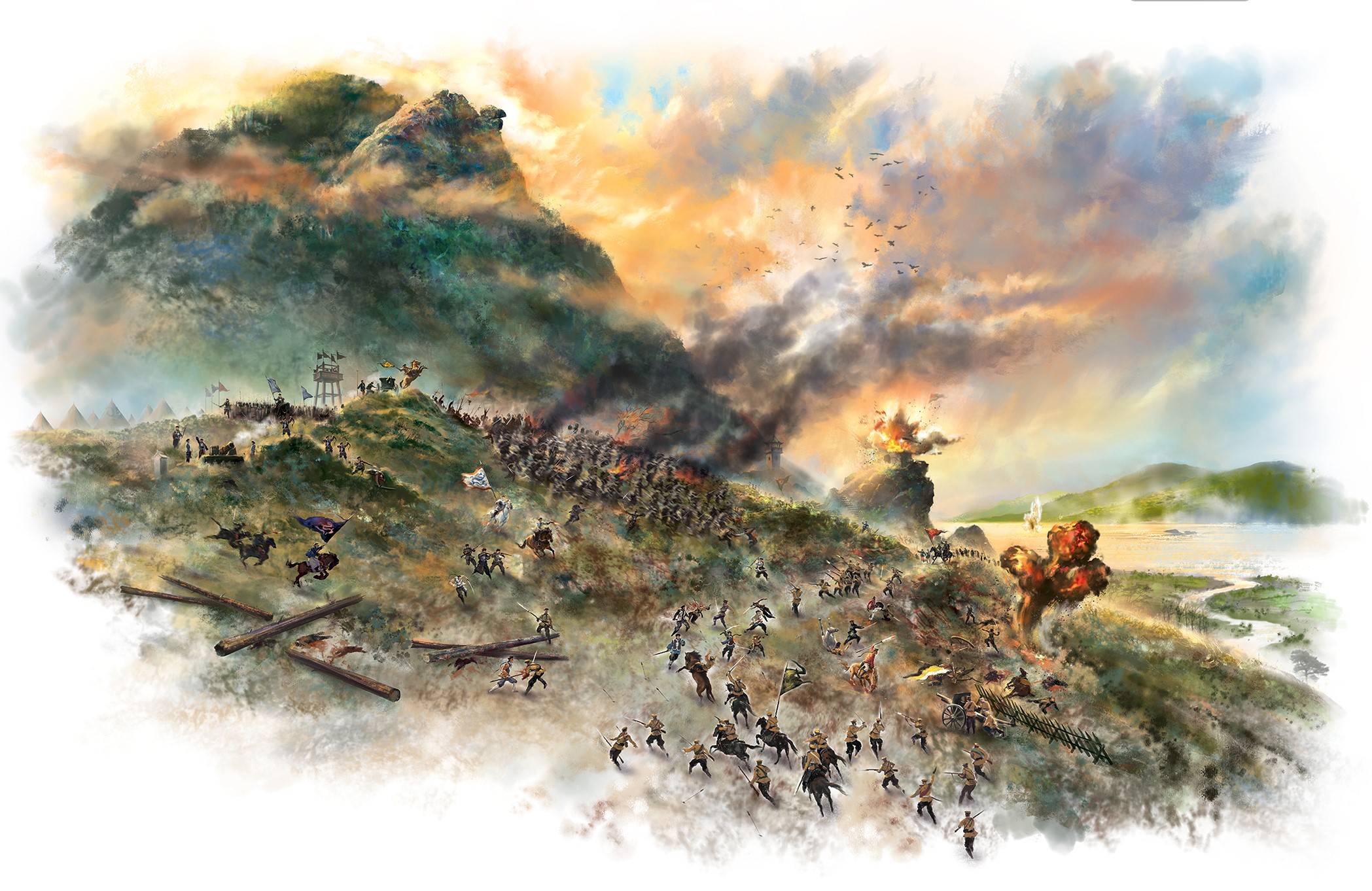 Battle scene on a mountain with explosions and soldiers HD Wallpaper