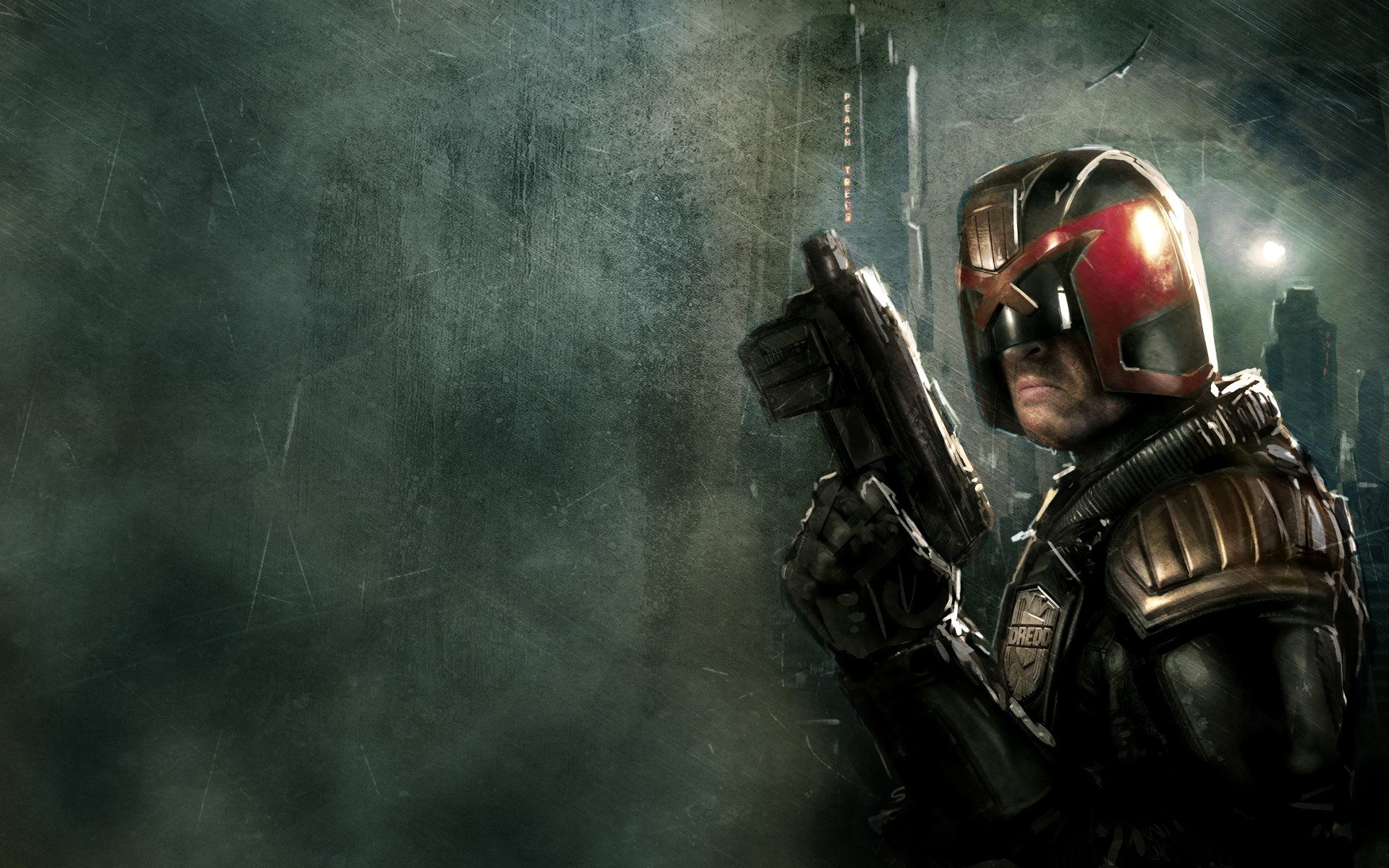 Judge Dredd holding a weapon in a futuristic city HD Wallpaper