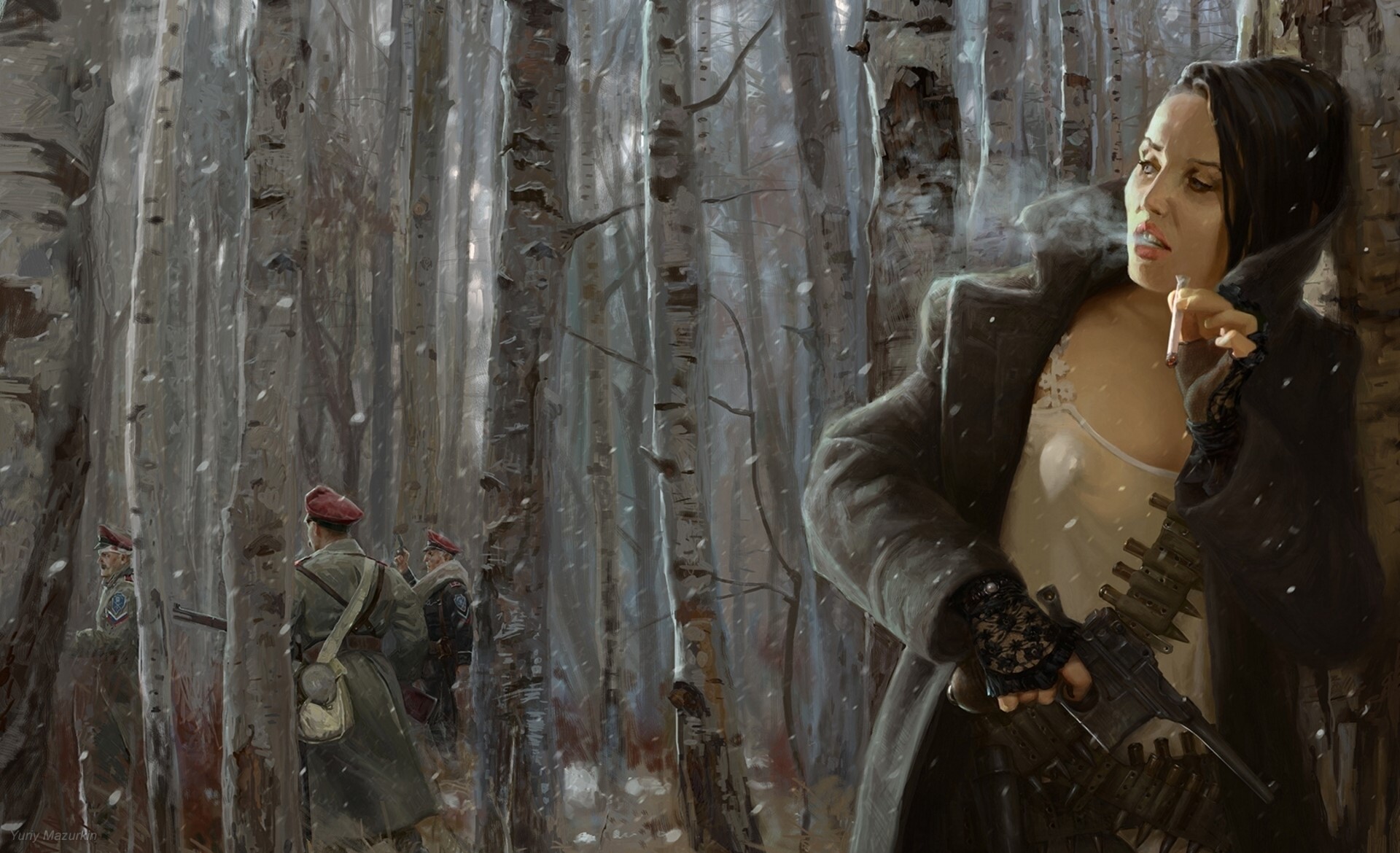 Woman with gun in snowy forest with soldiers HD Wallpaper