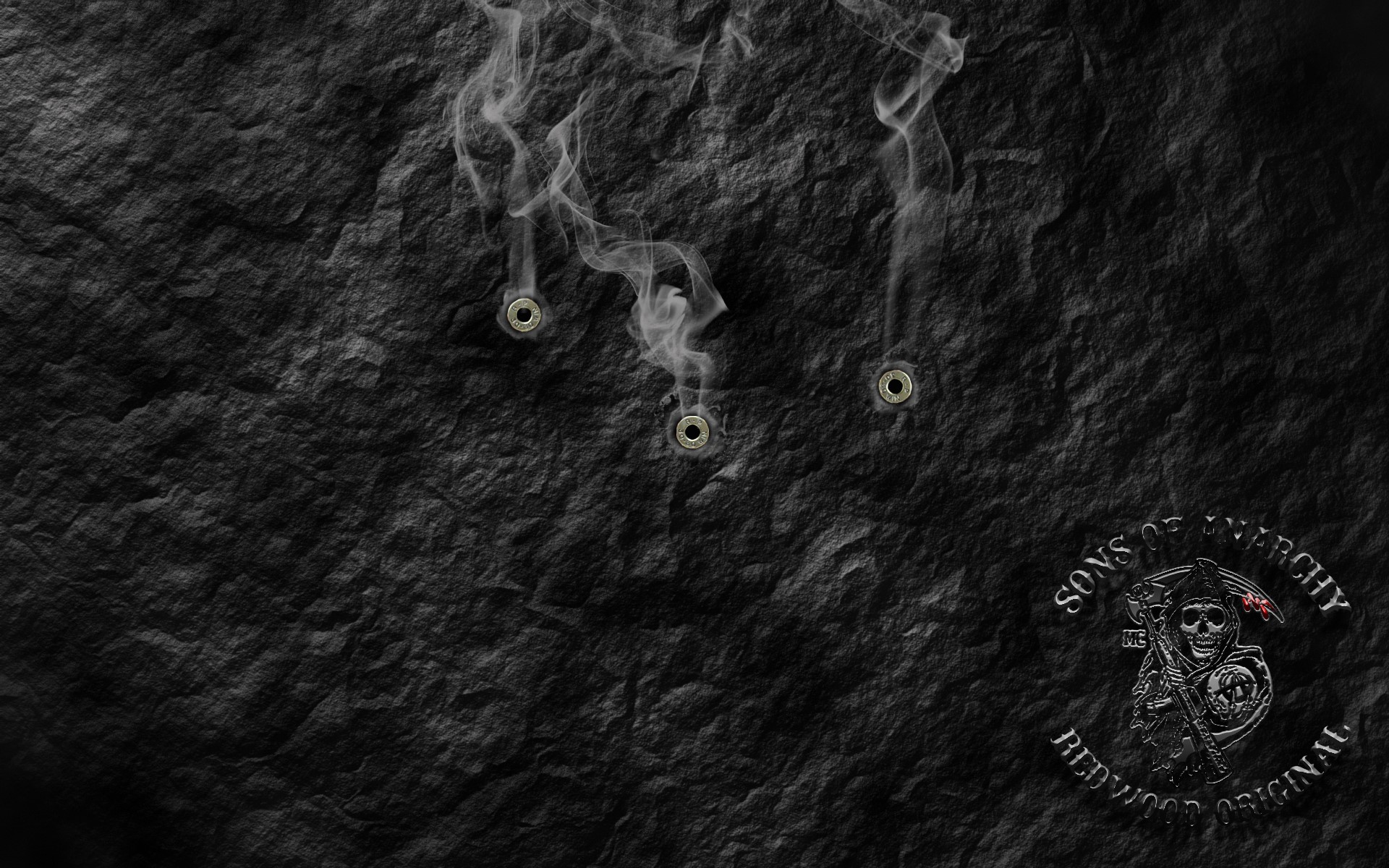 Sons of Anarchy logo with bullet holes and smoke HD Wallpaper