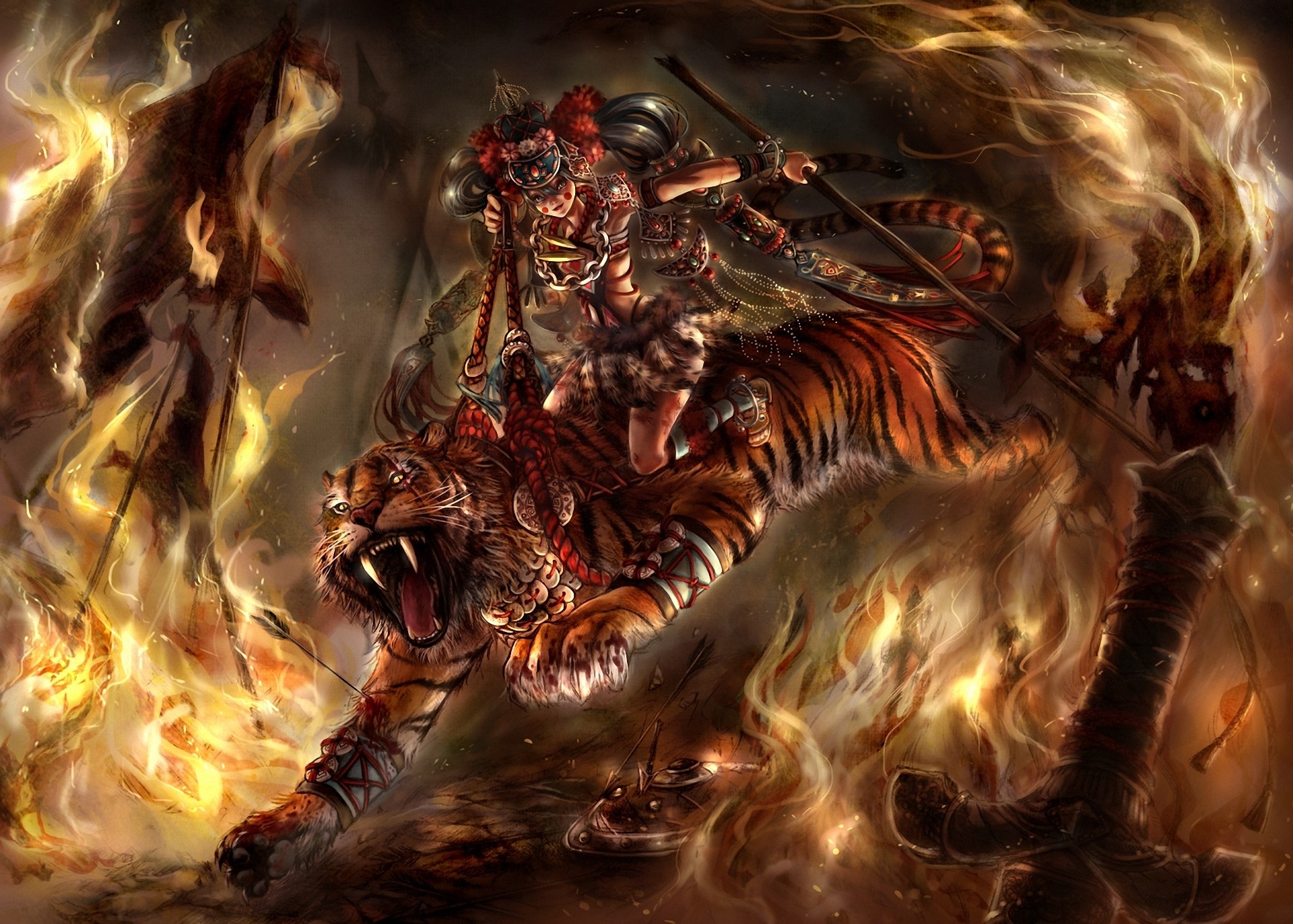 Warrior riding a tiger in a fiery battle HD Wallpaper