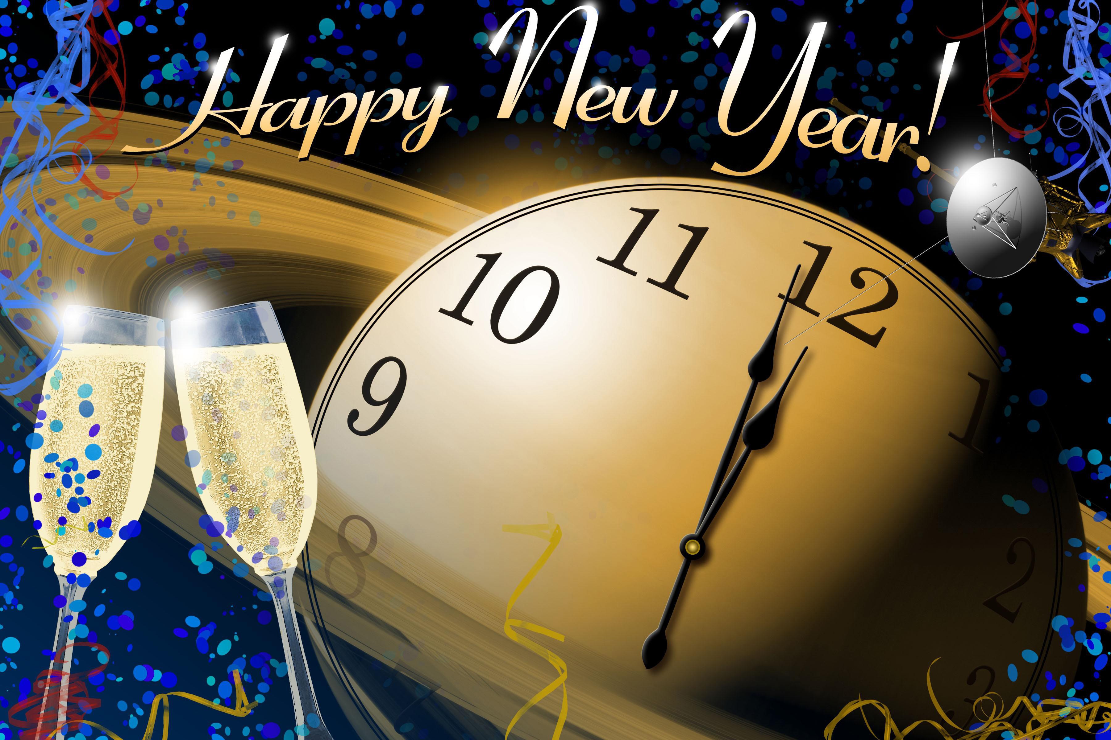 Happy New Year Champagne Toast with Clock HD Wallpaper