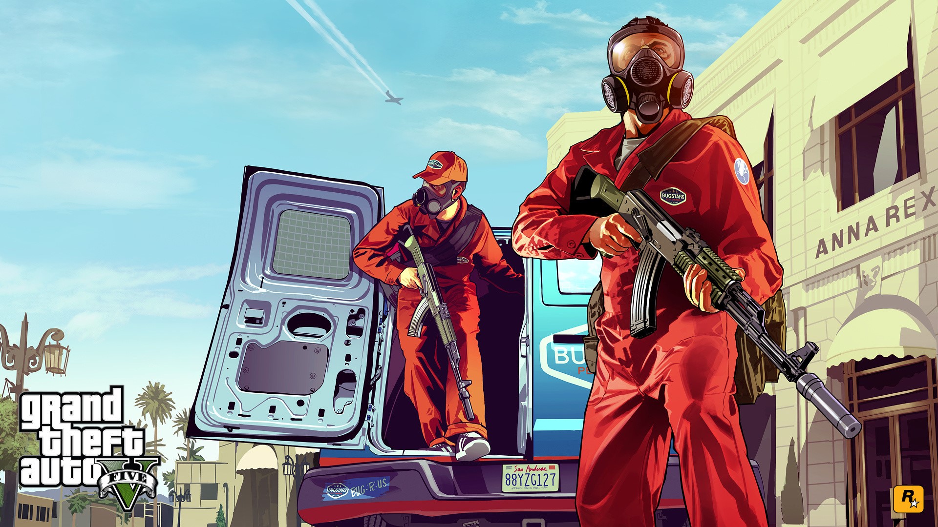 Grand Theft Auto V: Two masked figures with guns HD Wallpaper