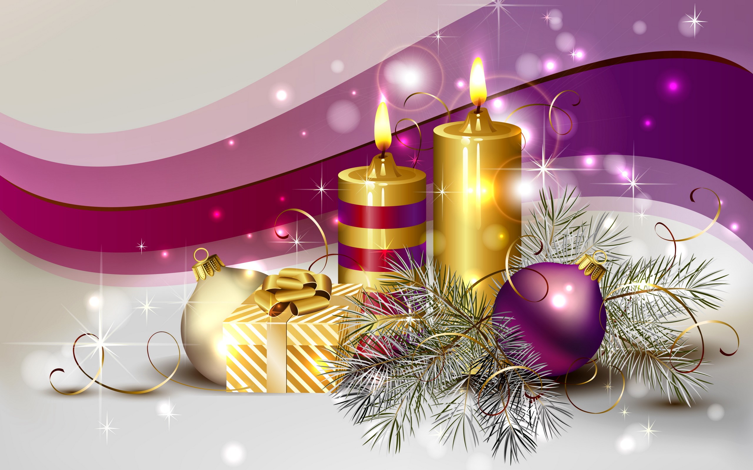 Christmas Candles, Ornaments, and Gift with Pine Branches HD Wallpaper