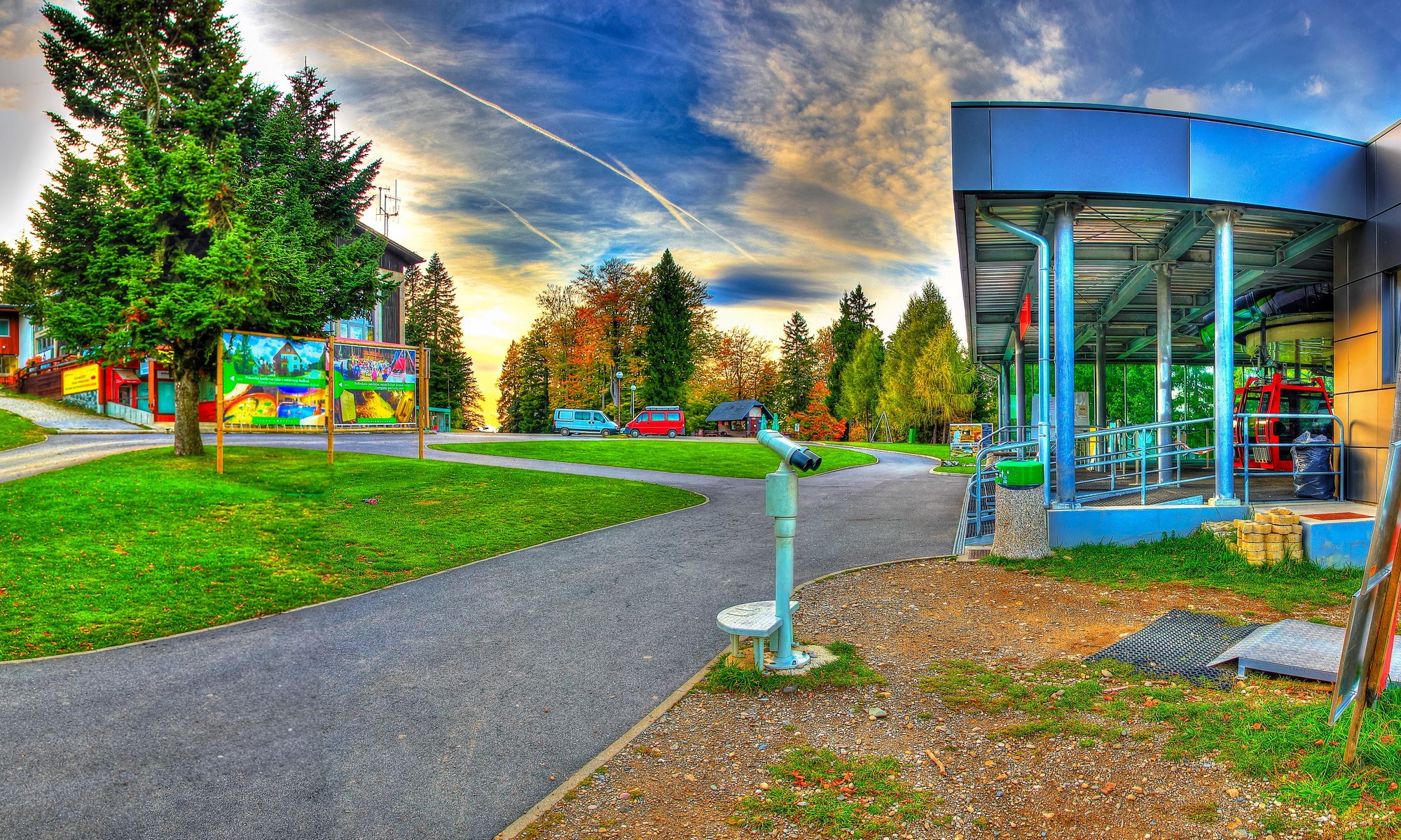 Cable car station with trees and sky HD Wallpaper