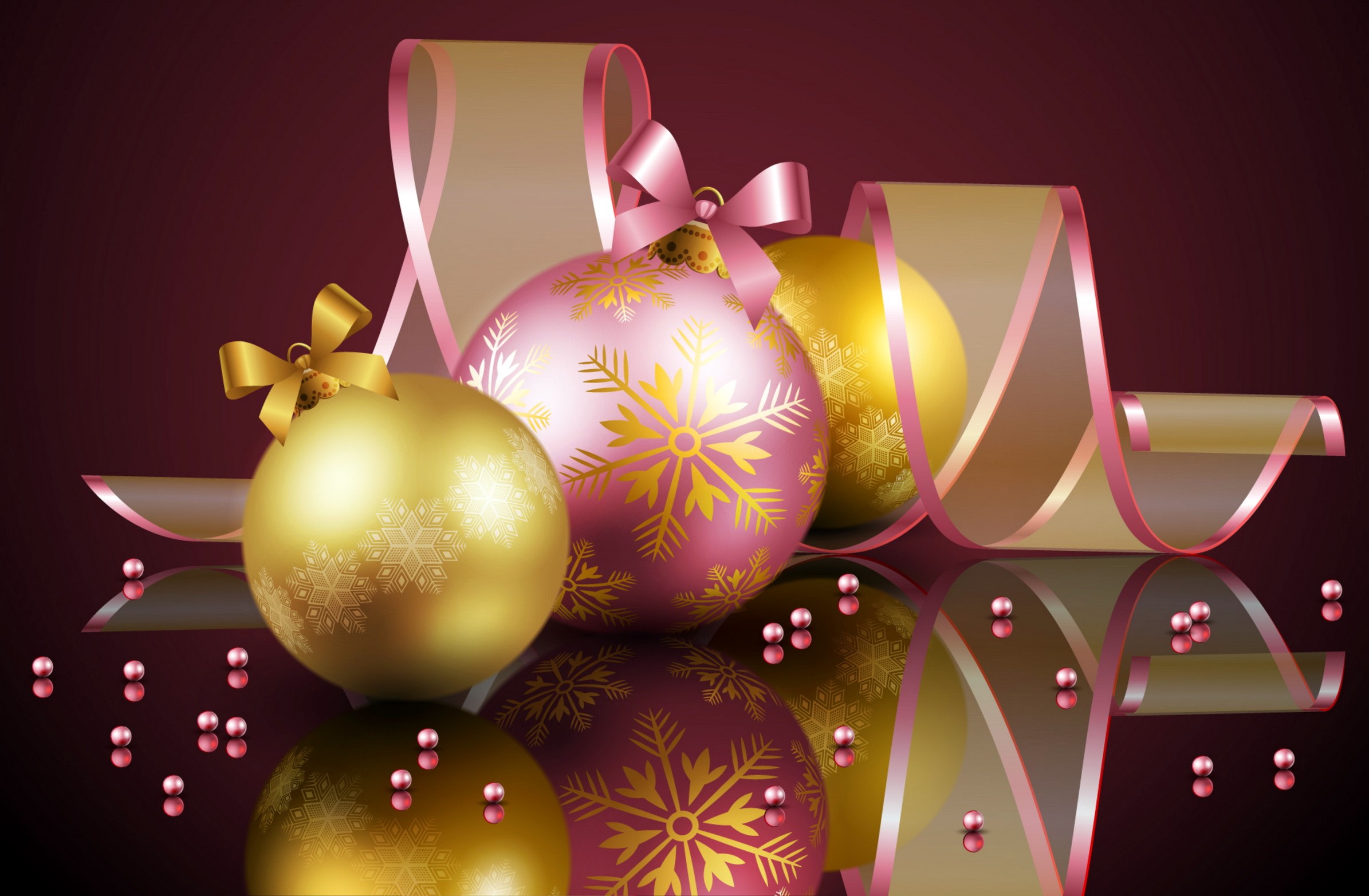 Christmas Balls with Ribbons and Beads HD Wallpaper